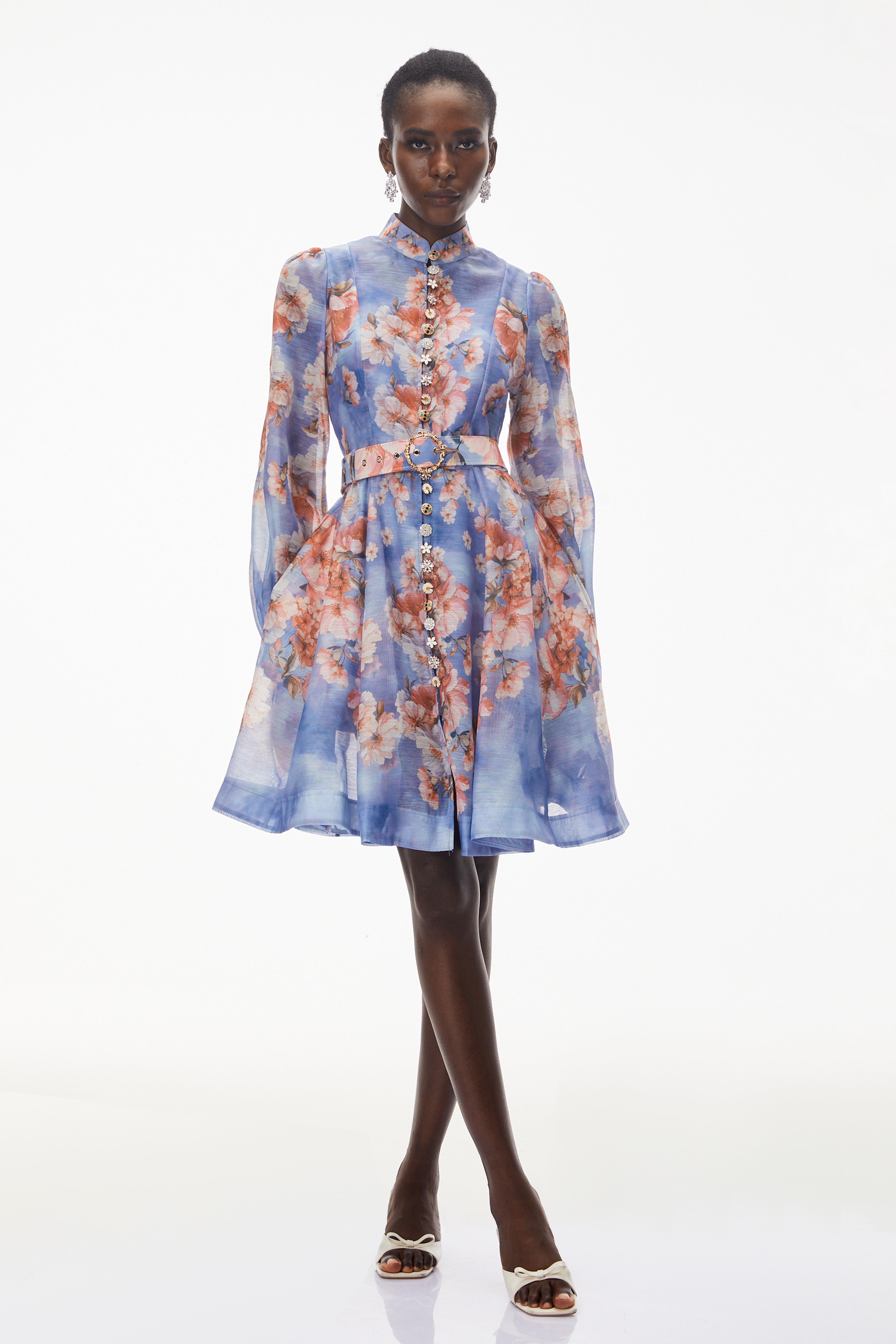 Rhode Dusty Blue Floral Print Mini Dress with Belt