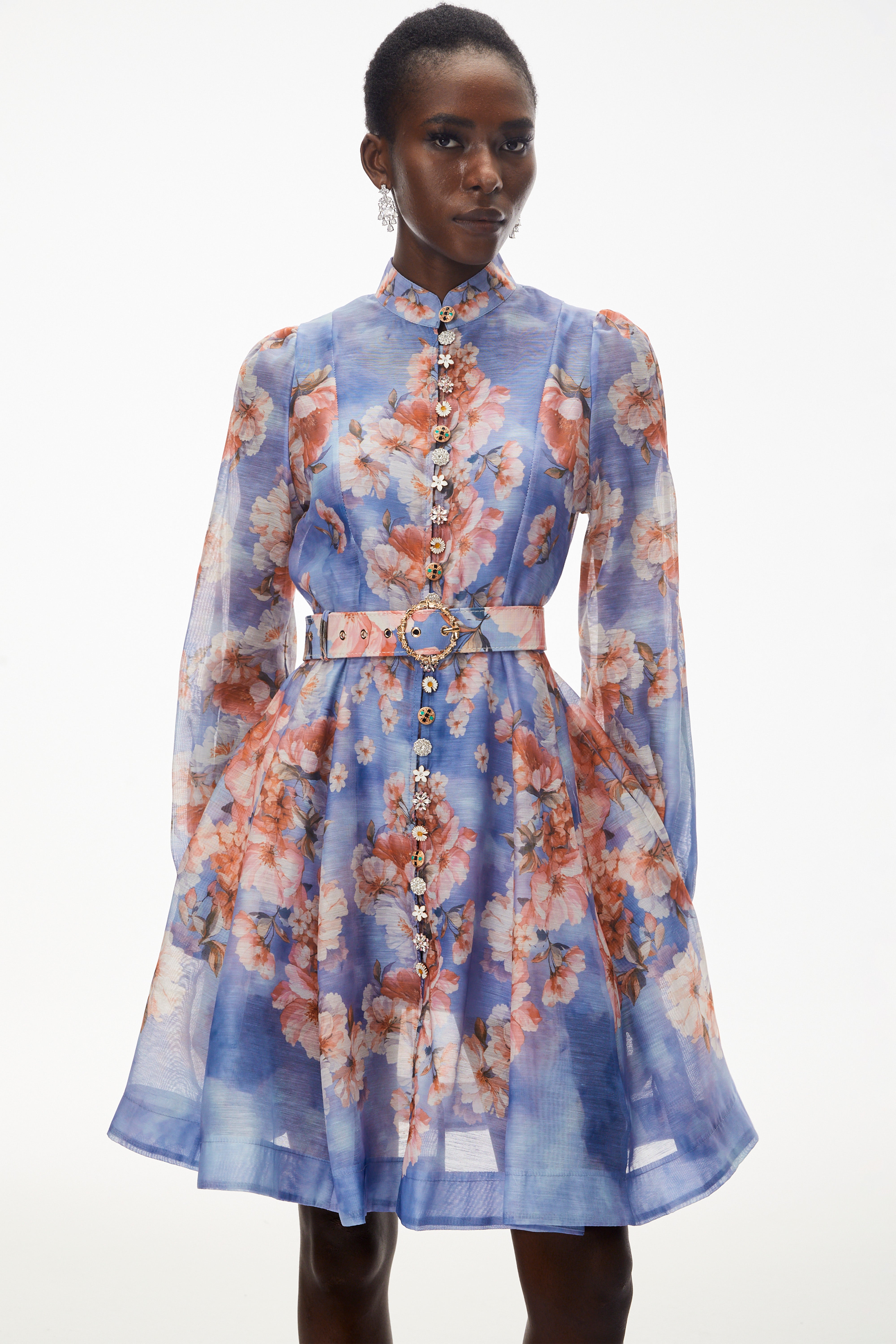 Rhode Dusty Blue Floral Print Mini Dress with Belt