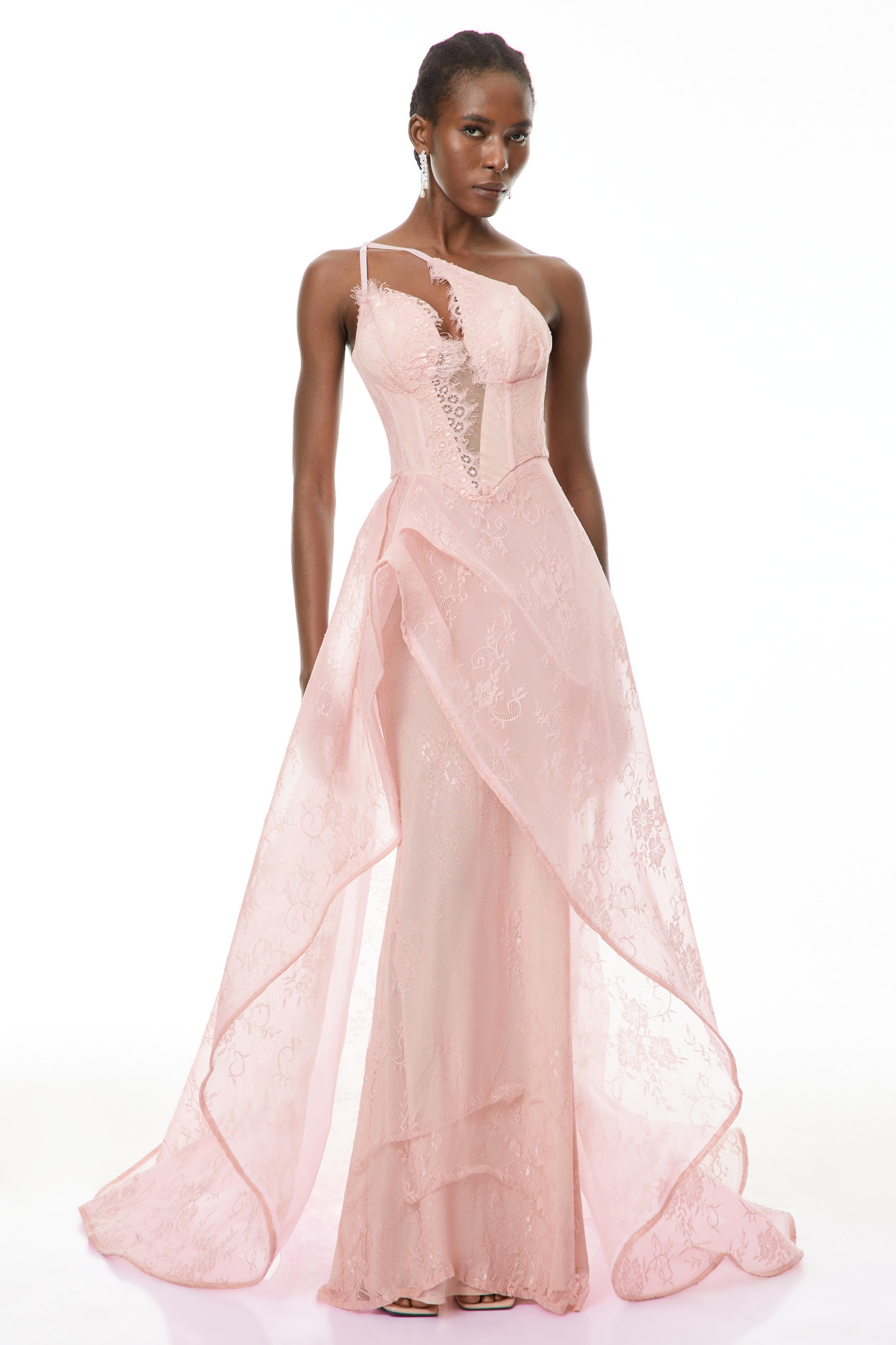 Ricarda Pink Ein-Schulter-Spitzen-Maxikleid