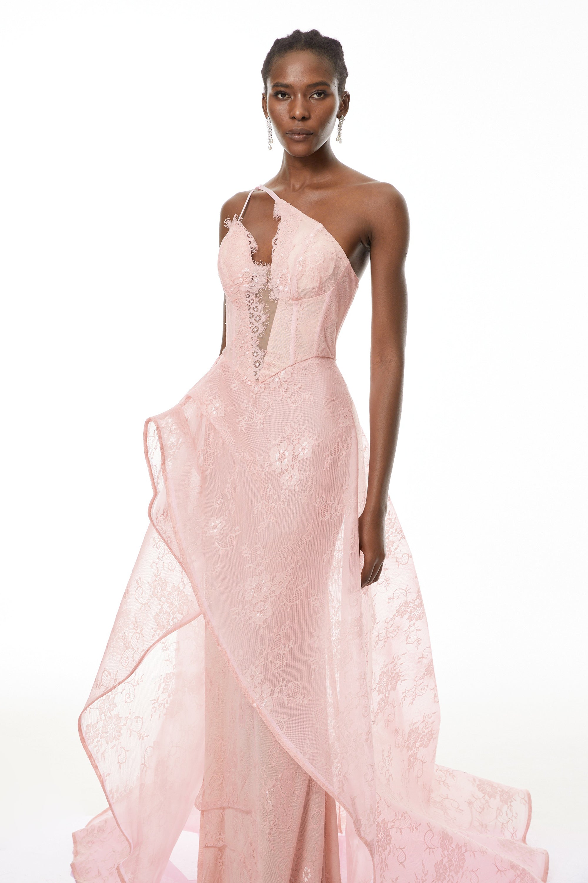 Ricarda Pink Ein-Schulter-Spitzen-Maxikleid