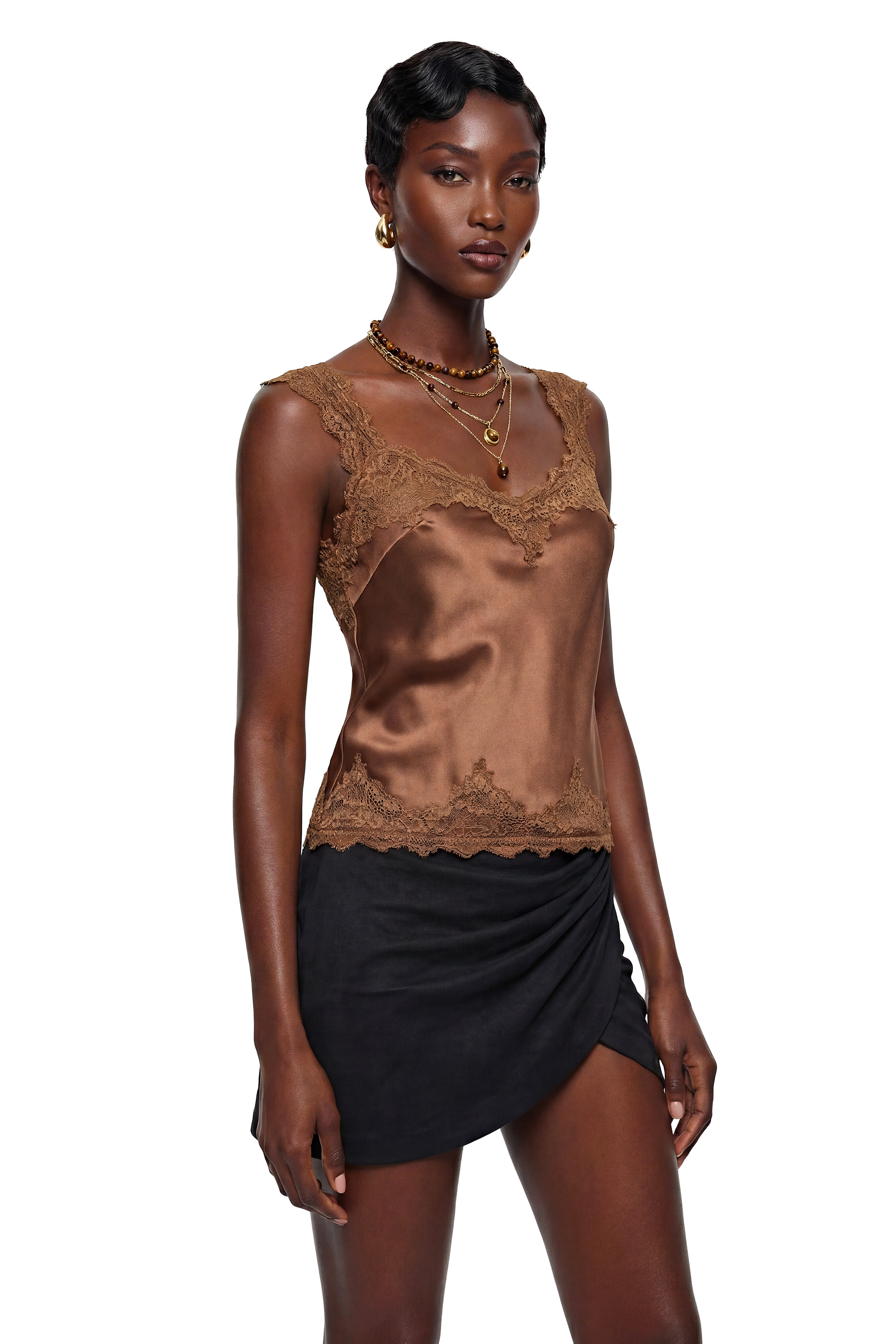 Rina Chocolate Brown Satin Top with Lace Panels