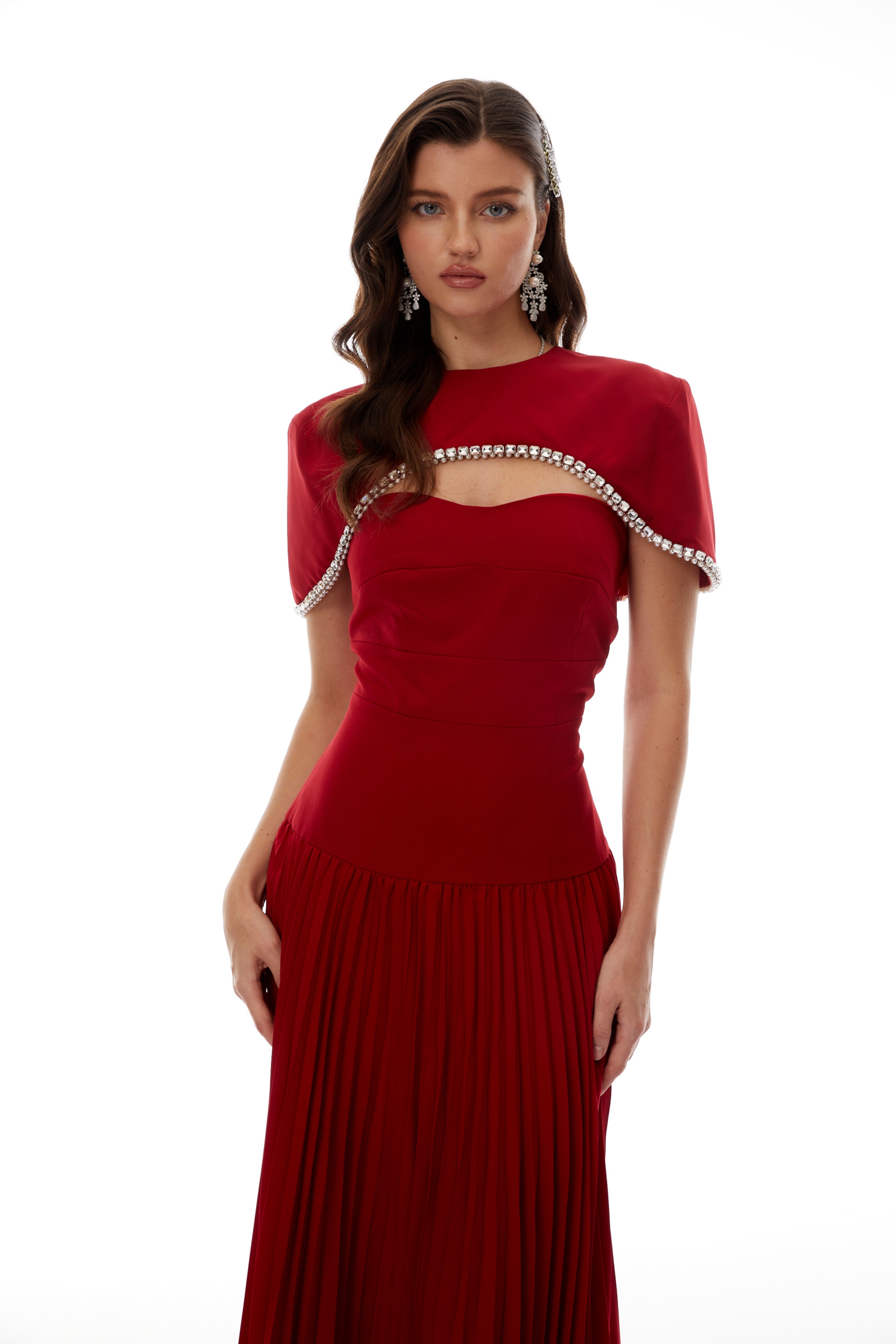 Roberta Red Pleated Dress & Cape Set