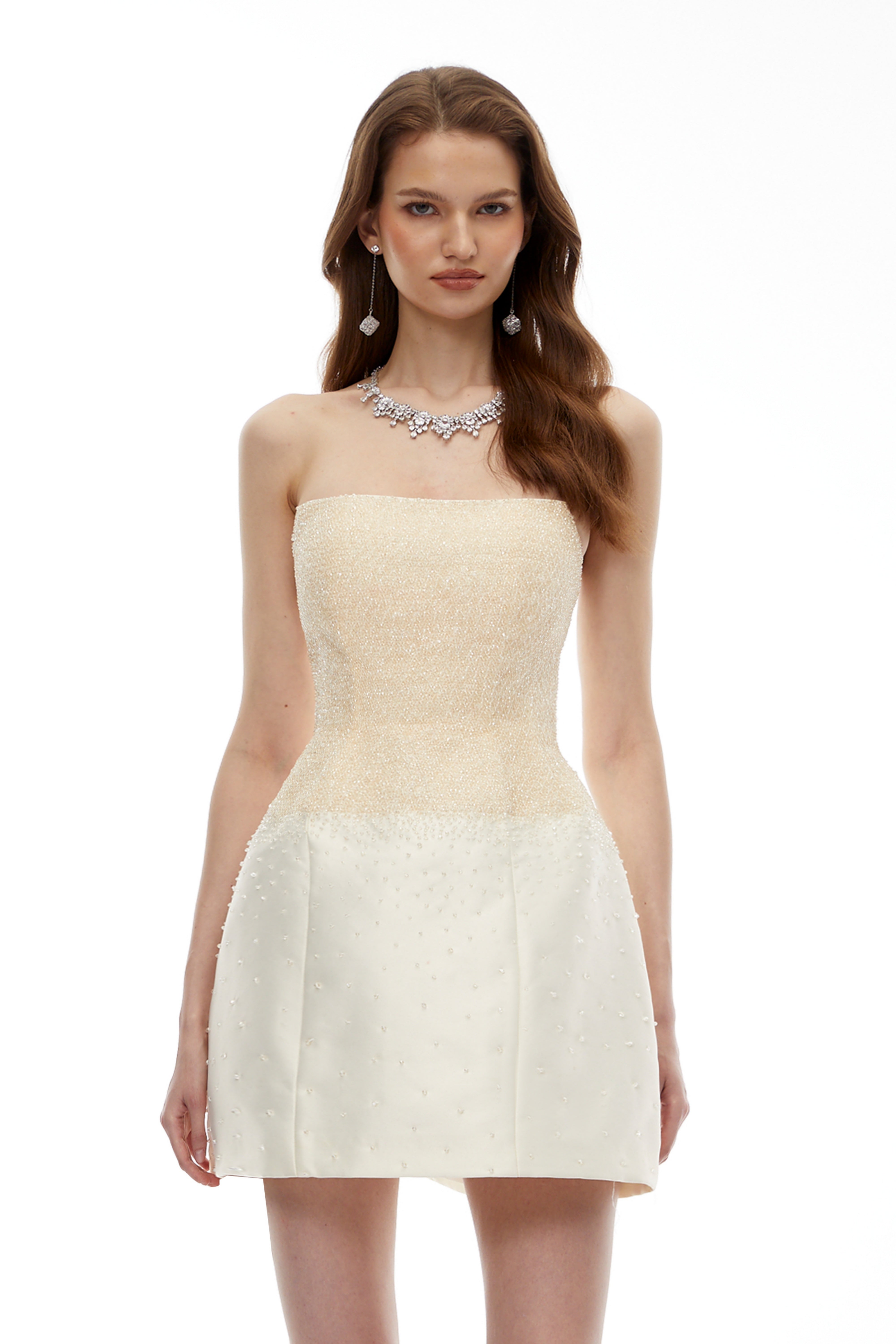 Rocía Champagnerfarbenes schulterfreies Minikleid