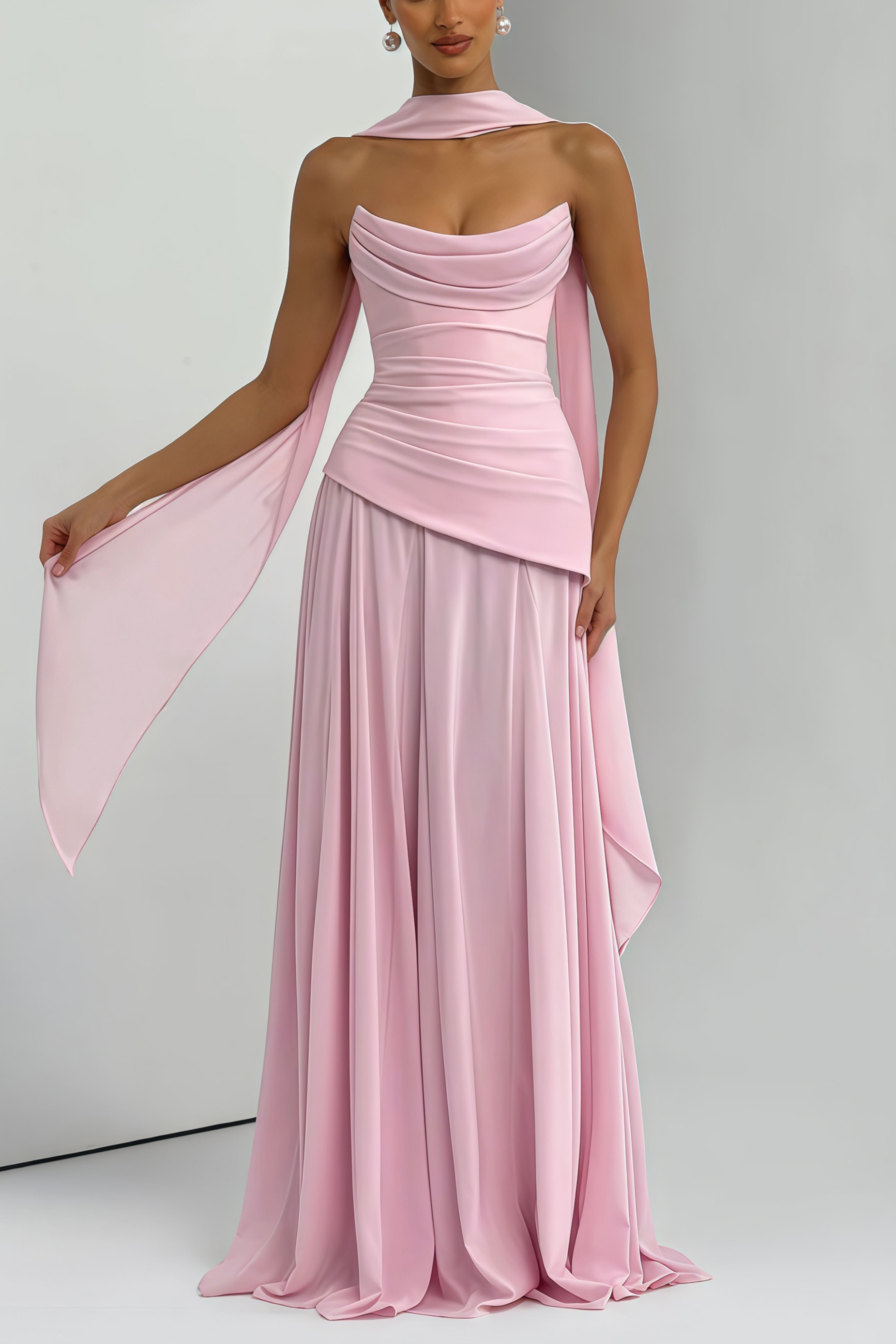 Pink strapless maxi dress with a draped cowl neckline and a matching long neck scarf