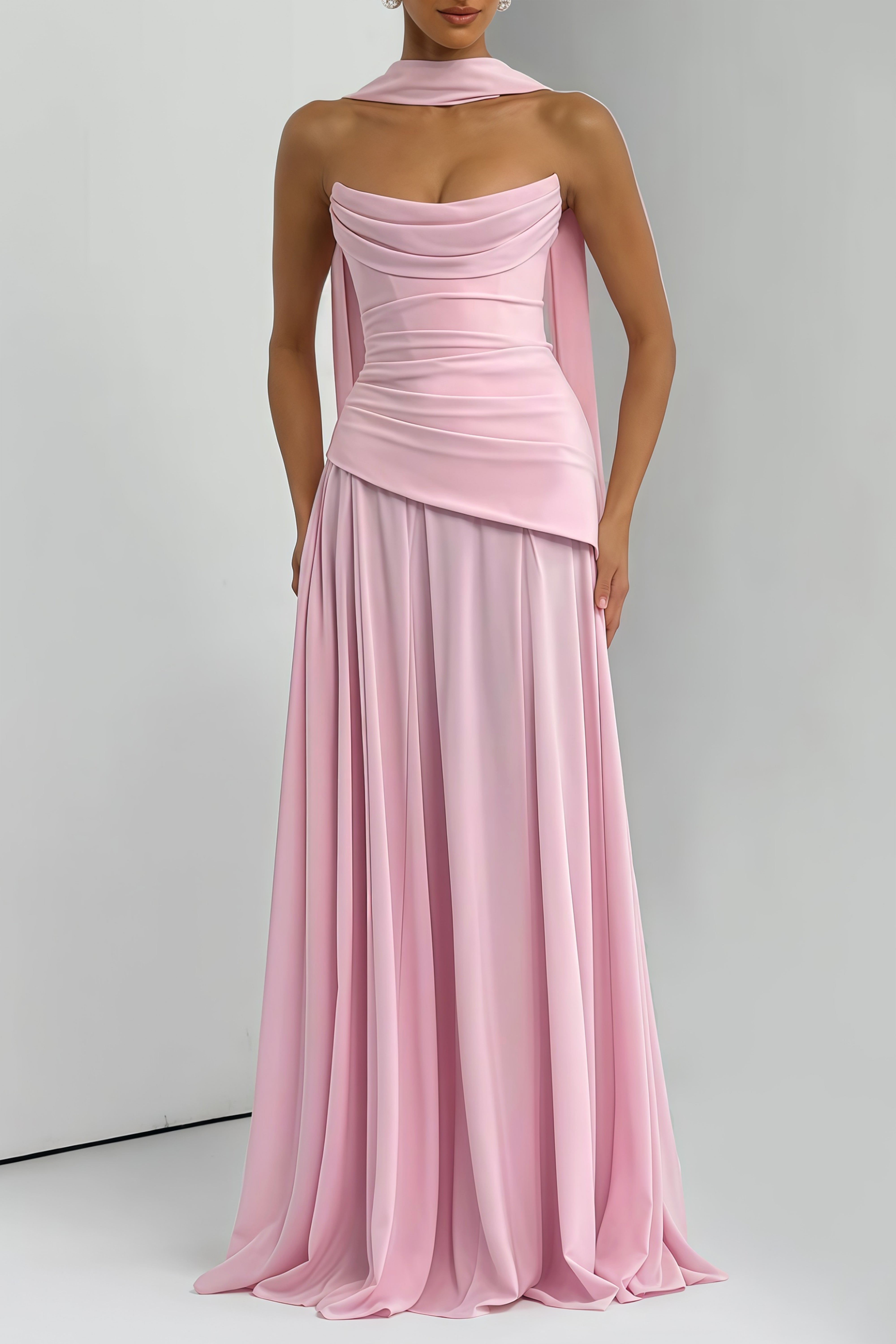 Pink strapless maxi dress with a draped cowl neckline and a matching long neck scarf