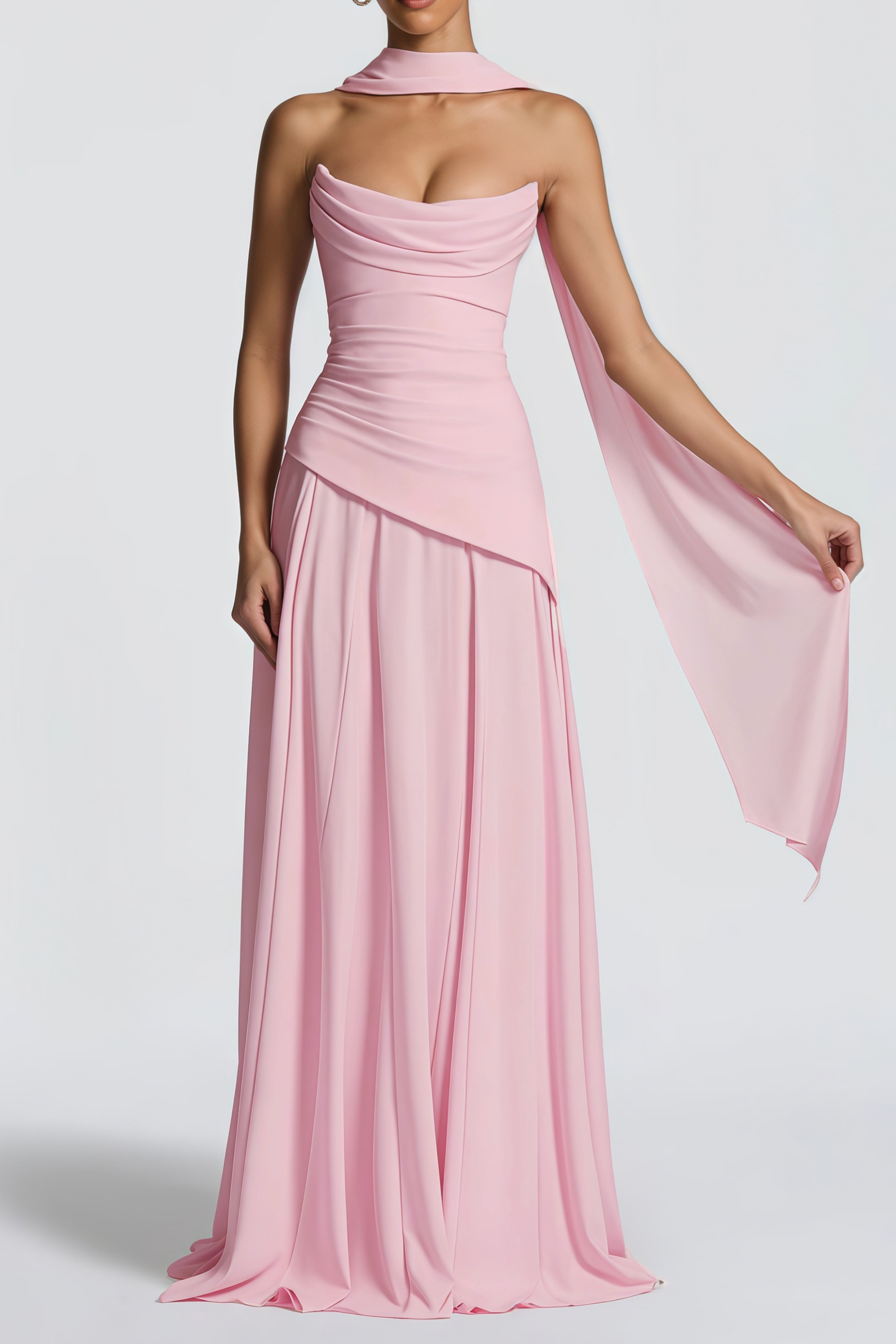 Pink strapless maxi dress with a draped cowl neckline and a matching long neck scarf