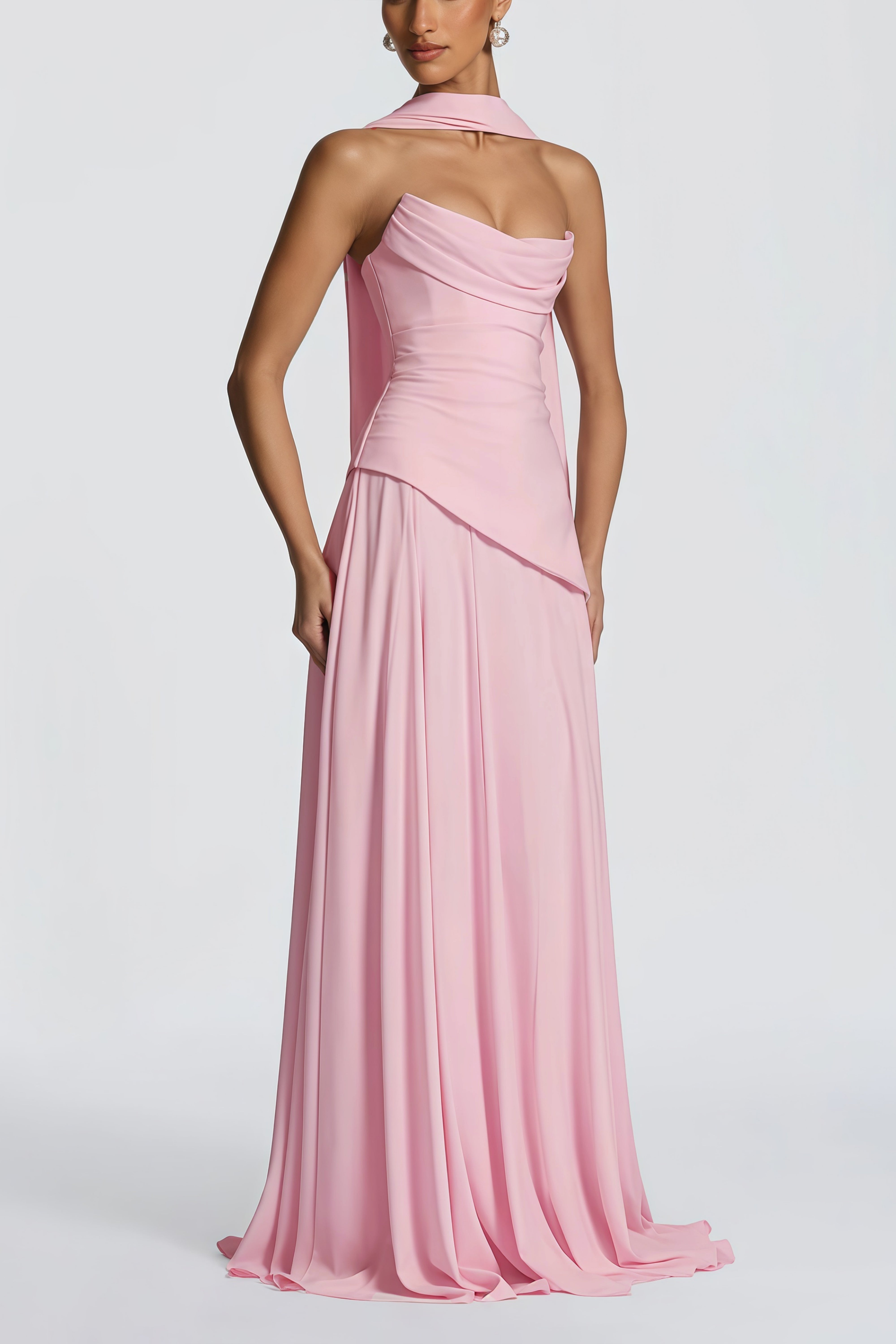 Pink strapless maxi dress with a draped cowl neckline and a matching long neck scarf