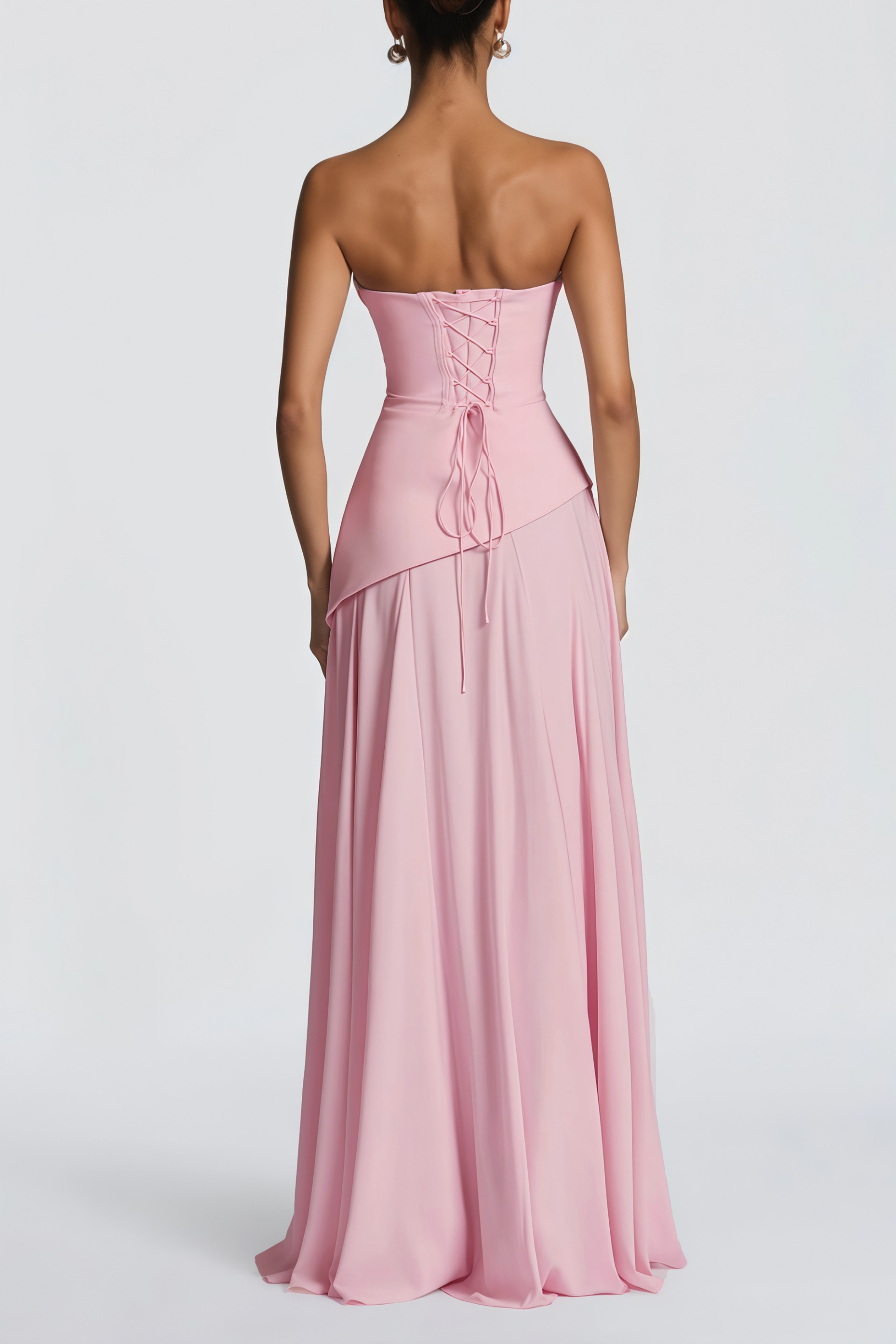 Pink strapless maxi dress with a draped cowl neckline and a matching long neck scarf
