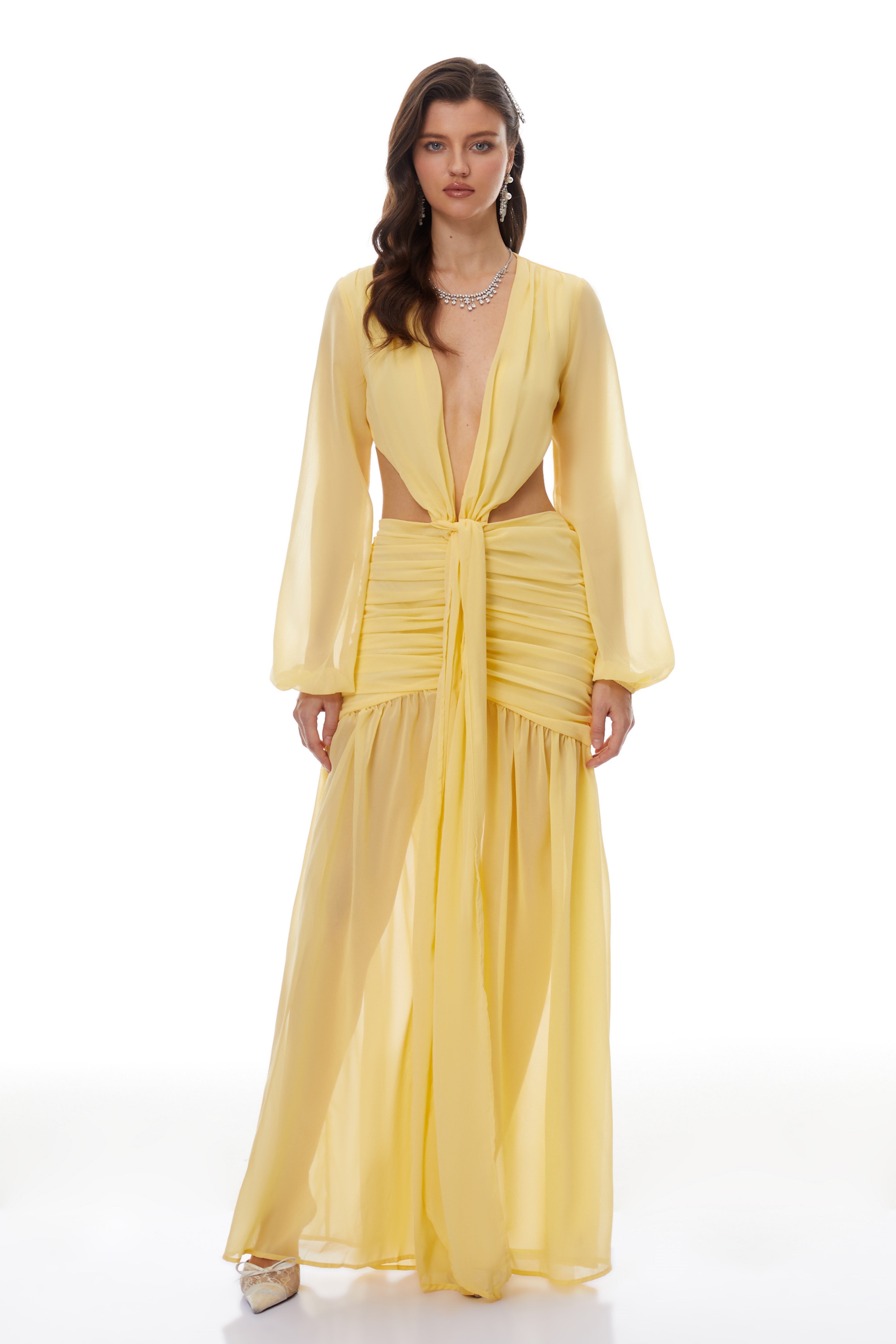 Romilly Yellow Twisted Chiffon Maxi Dress