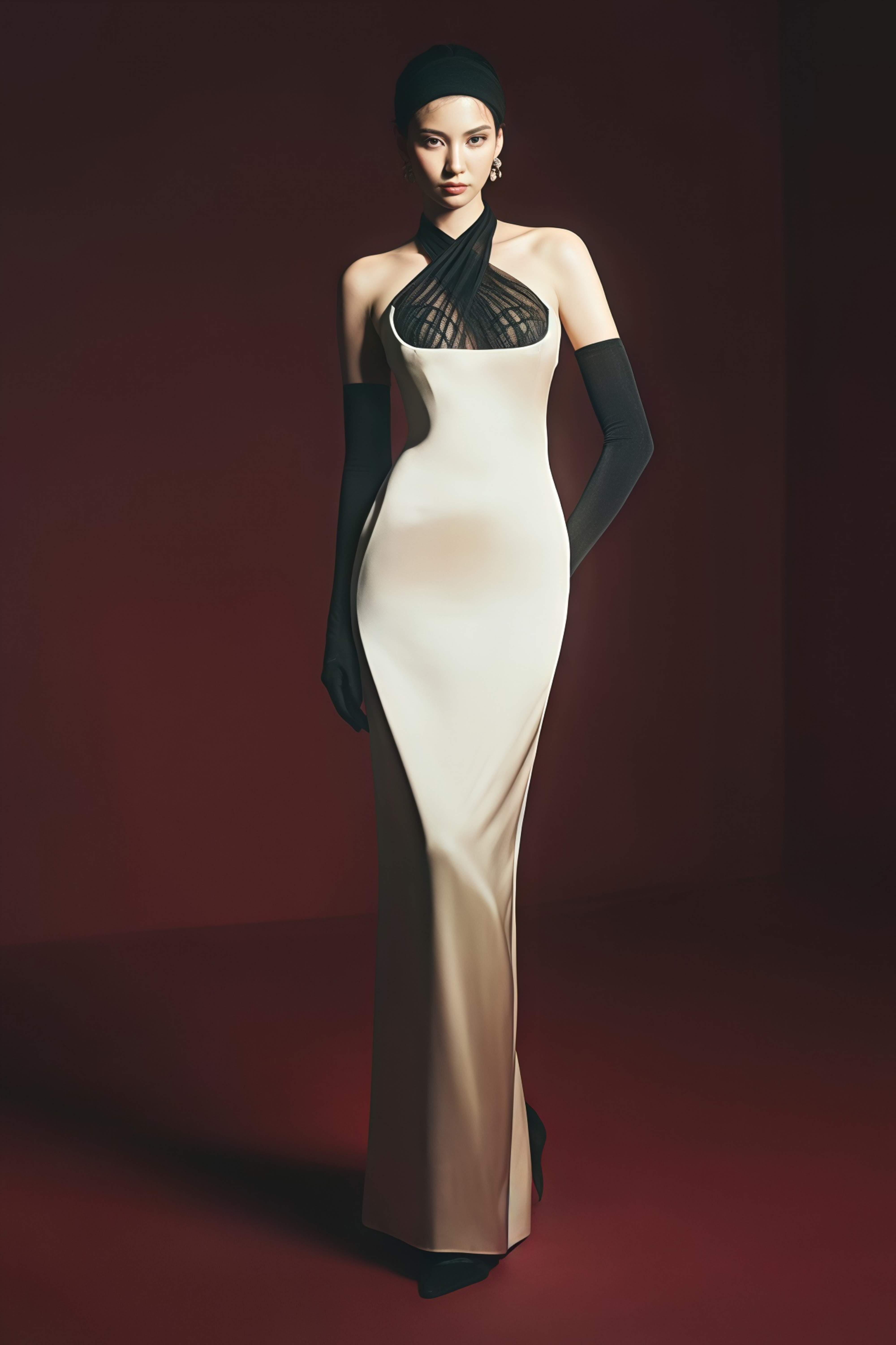 Ronit – Maxikleid aus Champagnerfarbenem Satin mit Tüll-Einsätzen