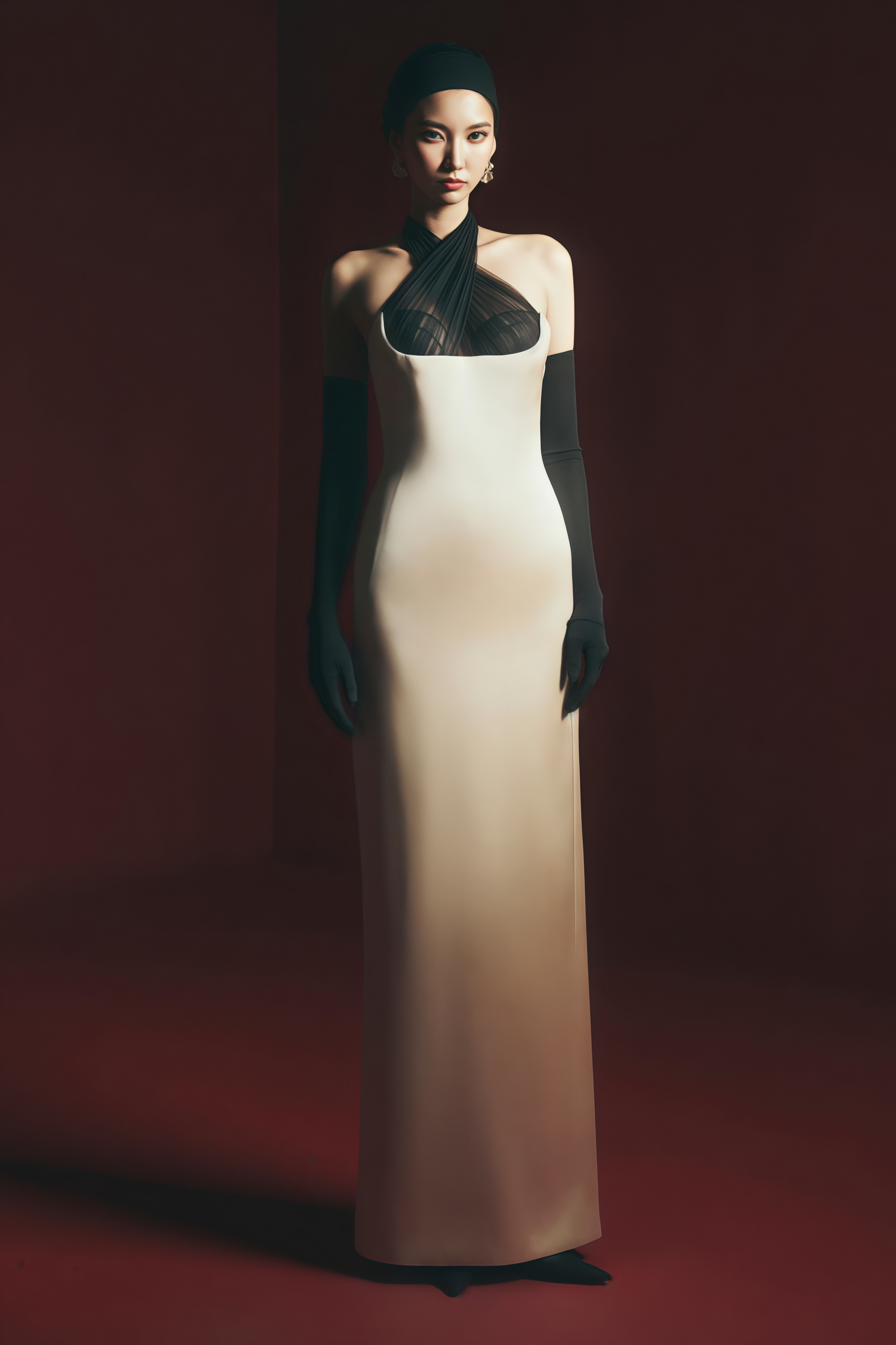 Ronit – Maxikleid aus Champagnerfarbenem Satin mit Tüll-Einsätzen