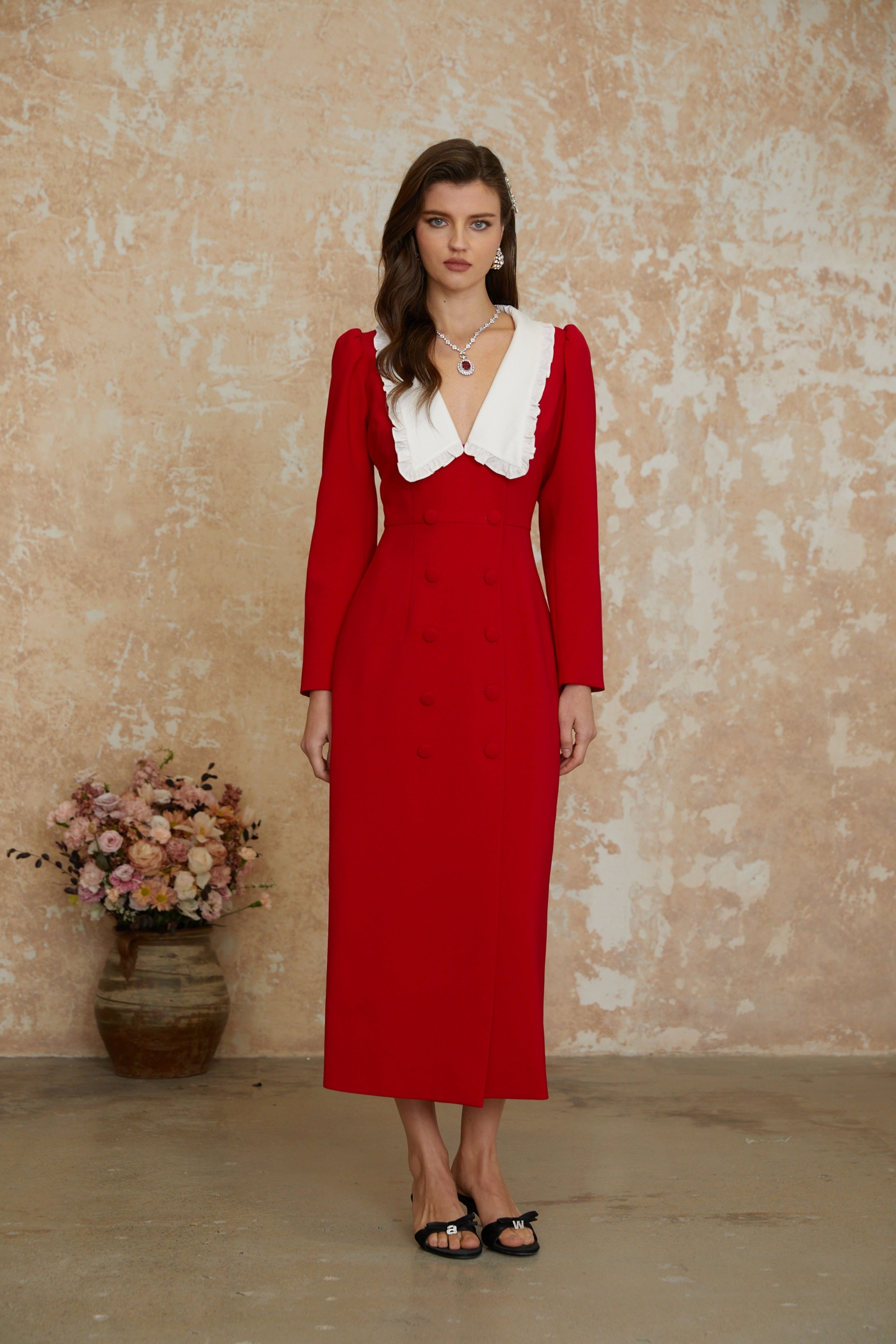 Rorie Red Double-Breasted Blazer Midi Dress