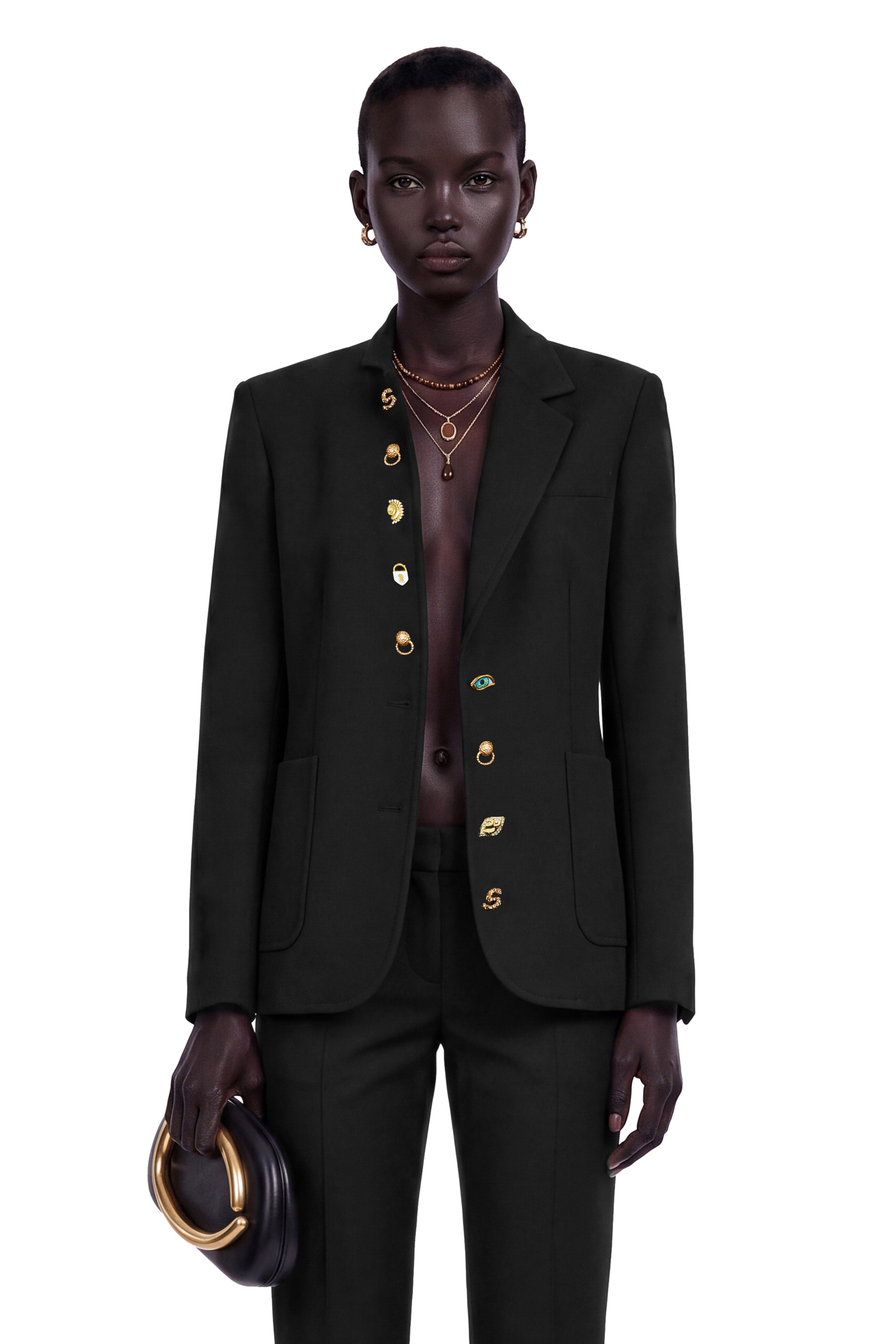 Rosalie Black Asymmetrical Decorative Button Blazer