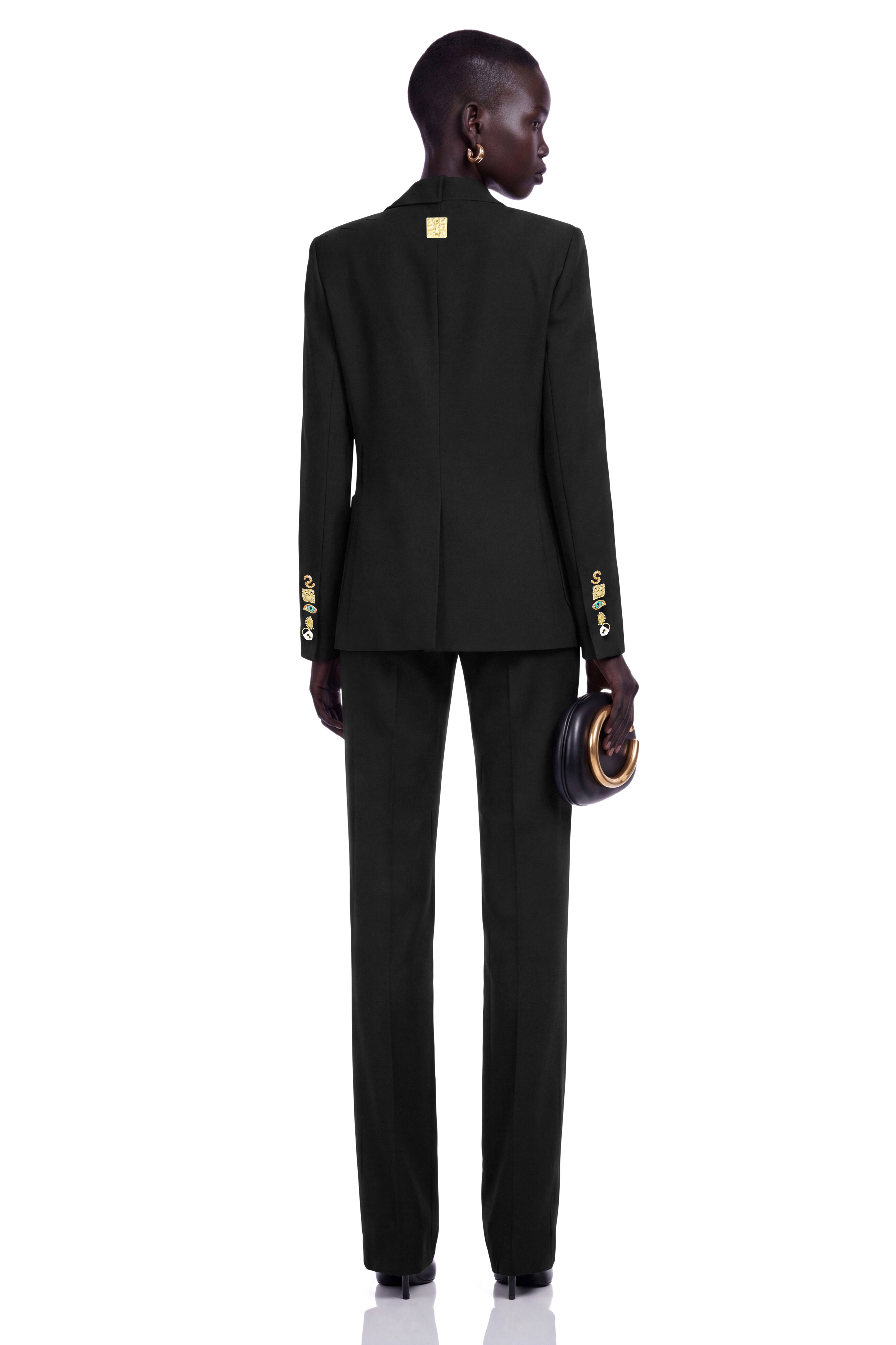 Rosalie Black Asymmetrical Decorative Button Blazer