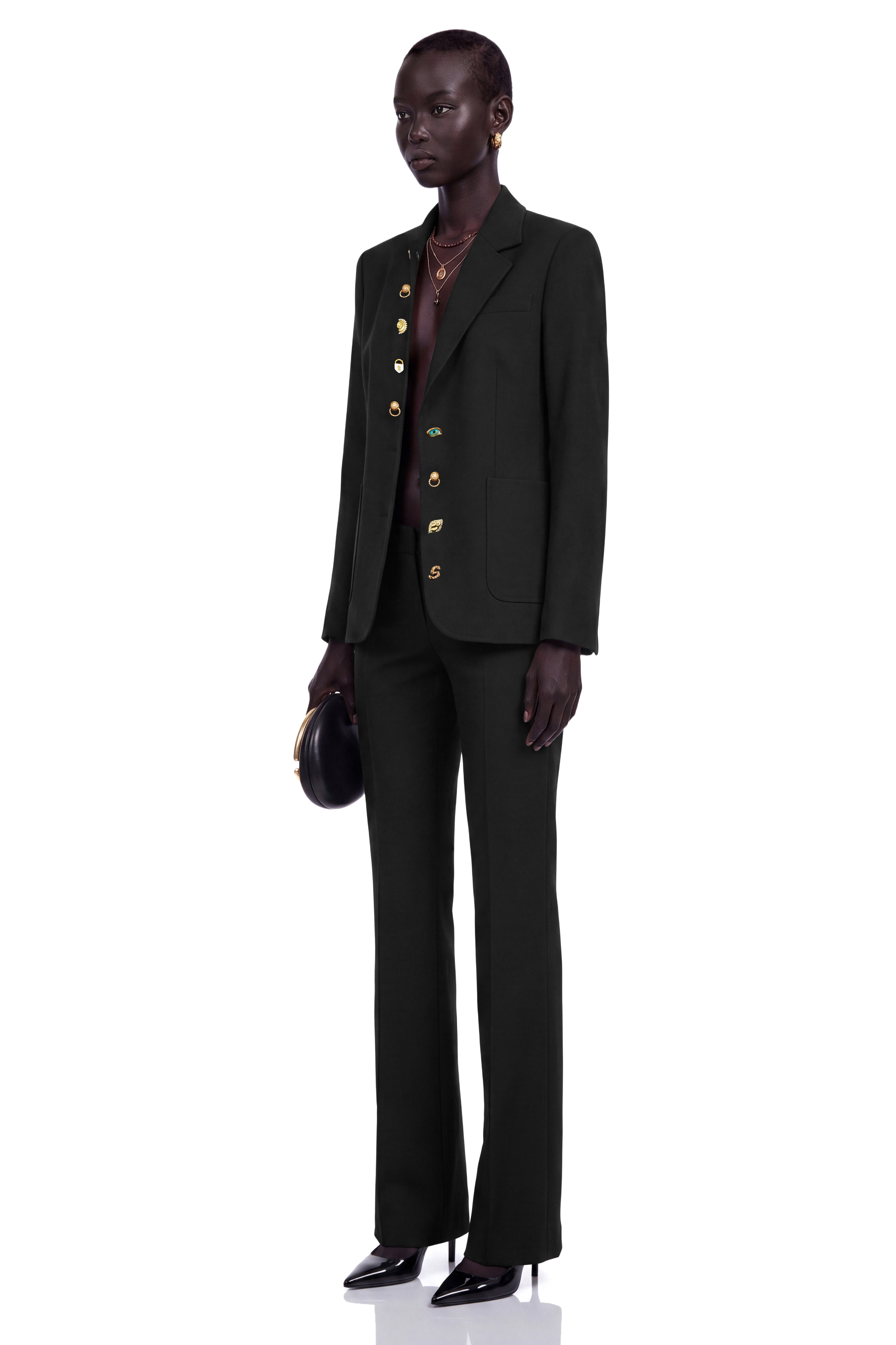 Rosalie Black Asymmetrical Decorative Button Blazer