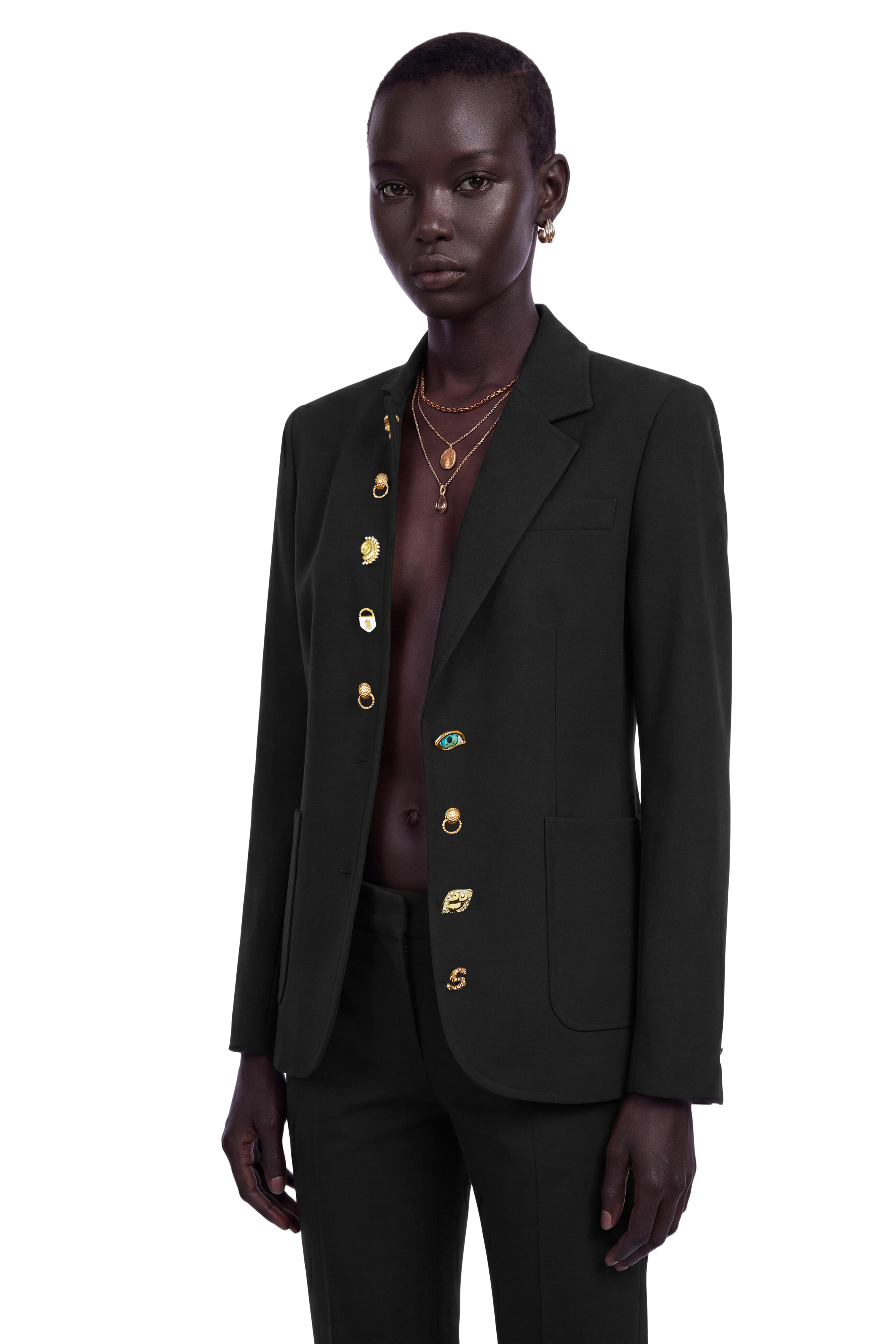 Rosalie Black Asymmetrical Decorative Button Blazer