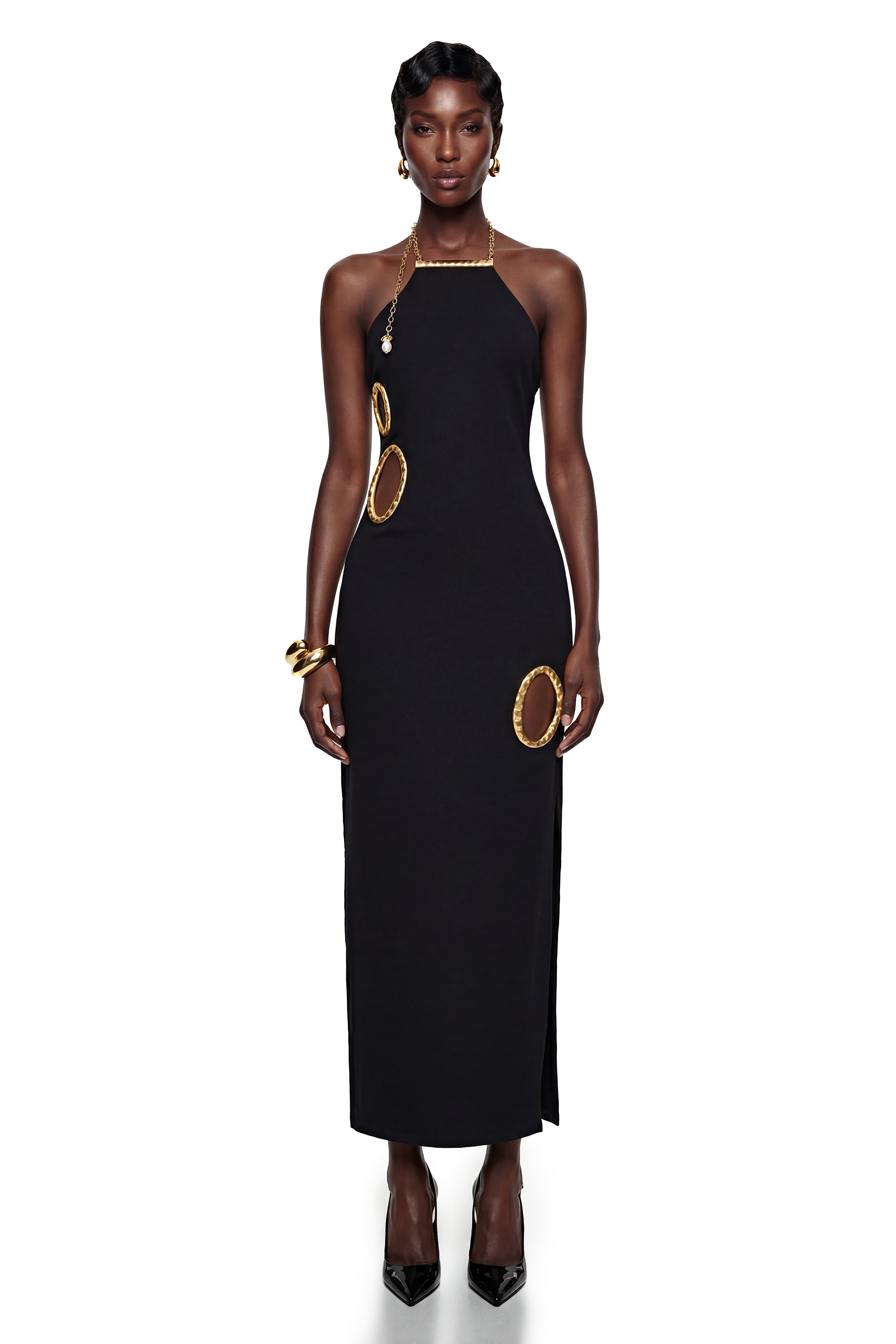 Rosalind Black – Maxikleid mit offenem Rücken und Verzierungen