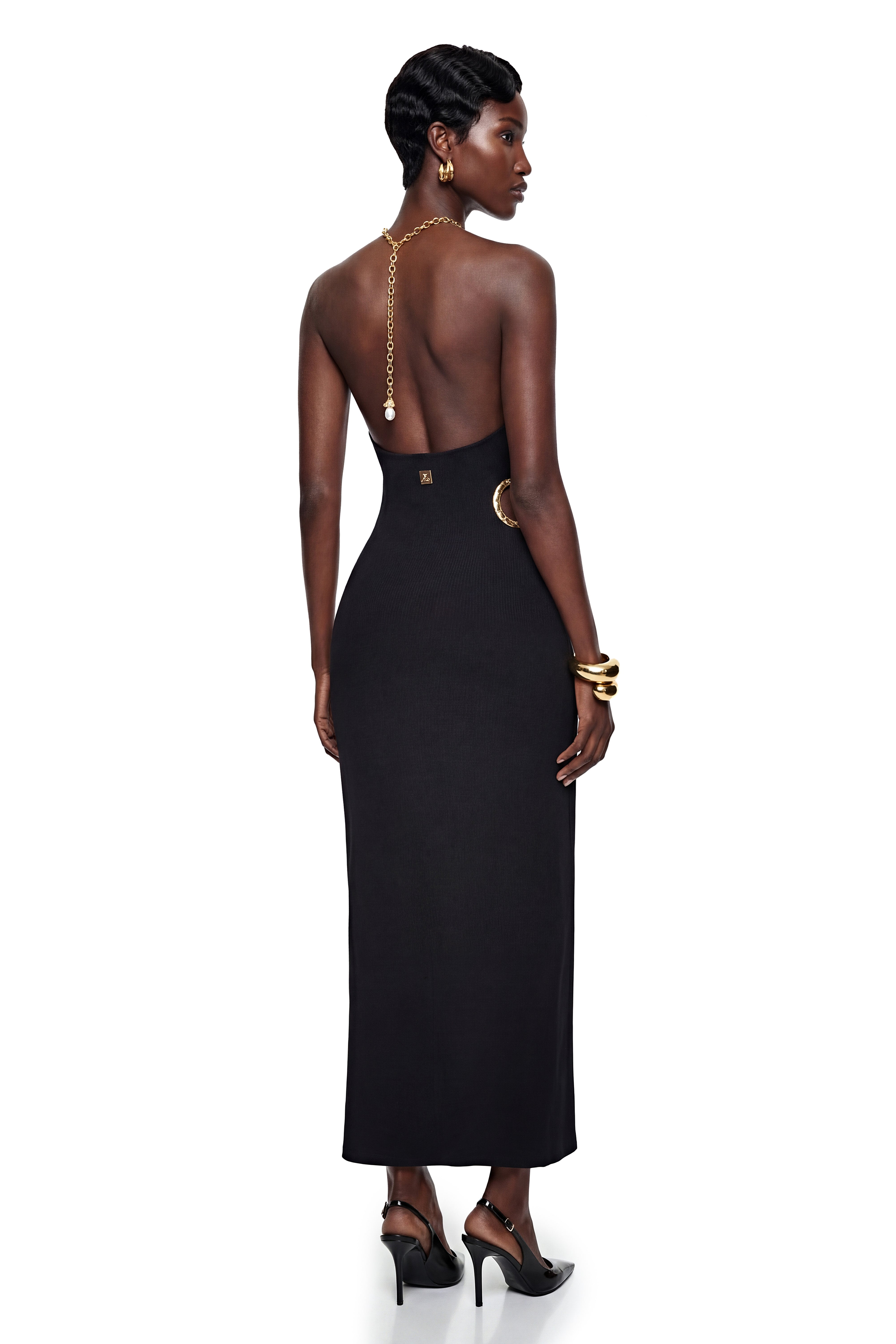 Rosalind Black – Maxikleid mit offenem Rücken und Verzierungen