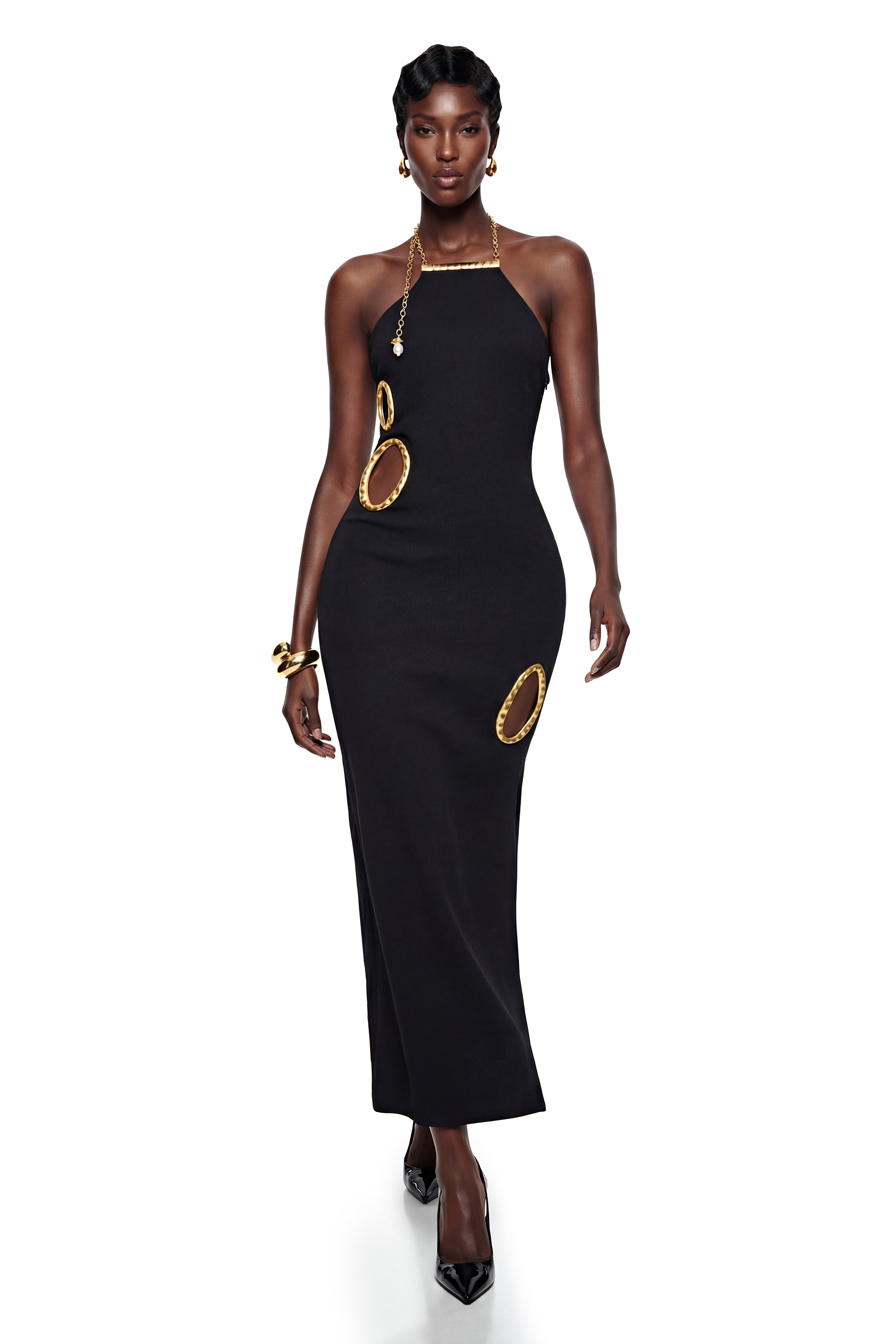 Rosalind Black – Maxikleid mit offenem Rücken und Verzierungen