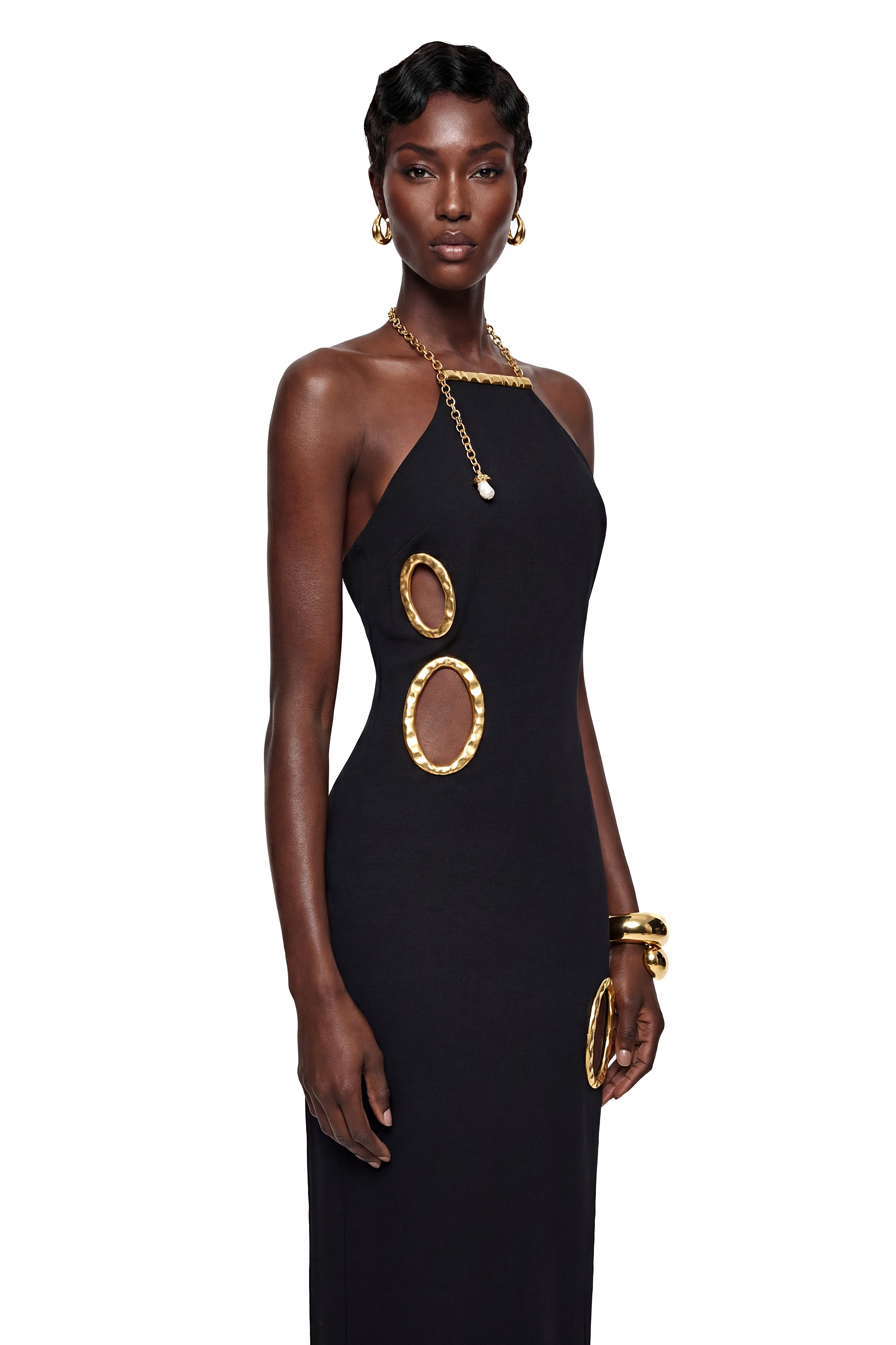 Rosalind Black – Maxikleid mit offenem Rücken und Verzierungen