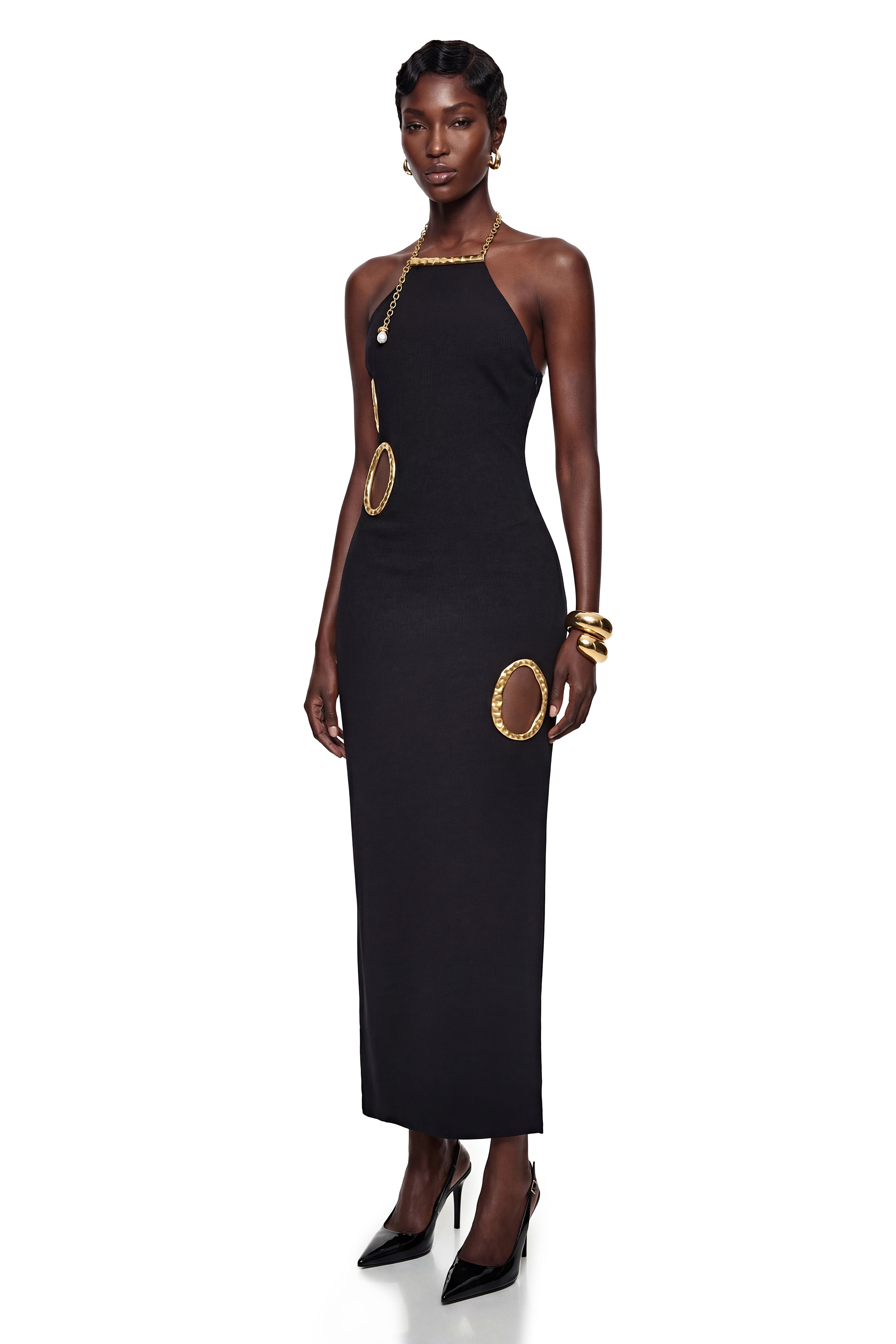 Rosalind Black – Maxikleid mit offenem Rücken und Verzierungen