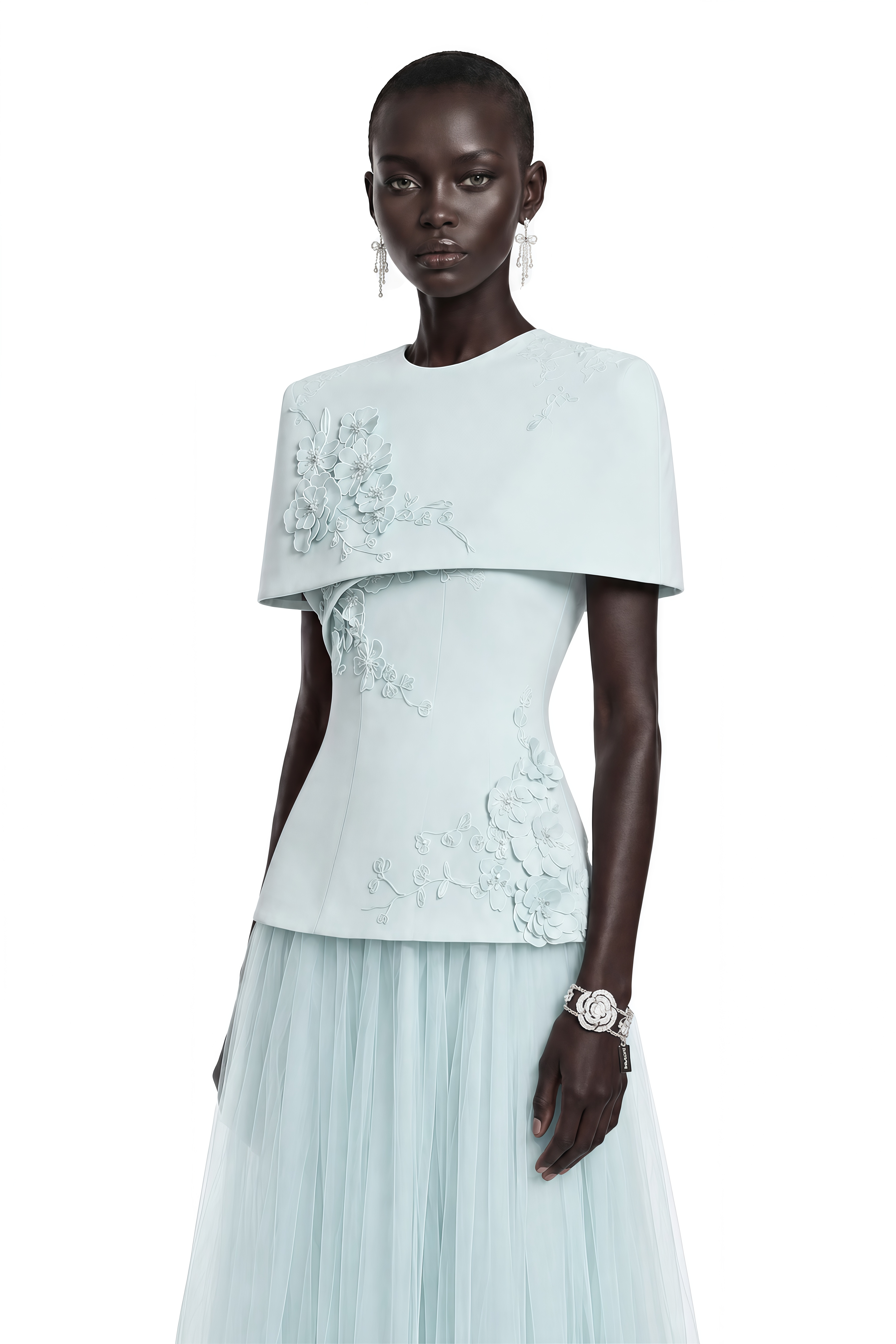 Robe mi-longue en maille bleue Rosalind avec cape