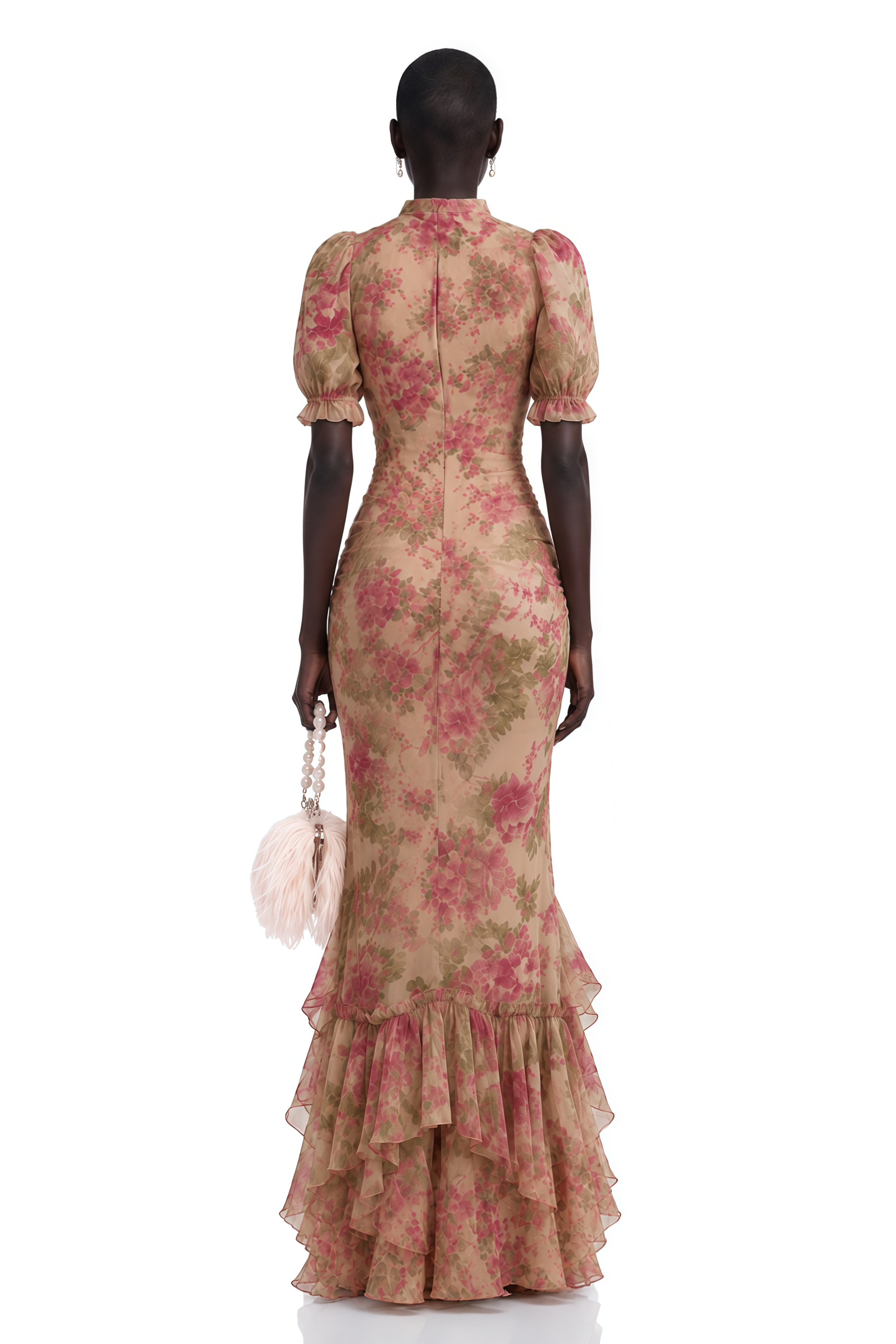 Pink and green floral high-neck dress with a ruffled mermaid hem