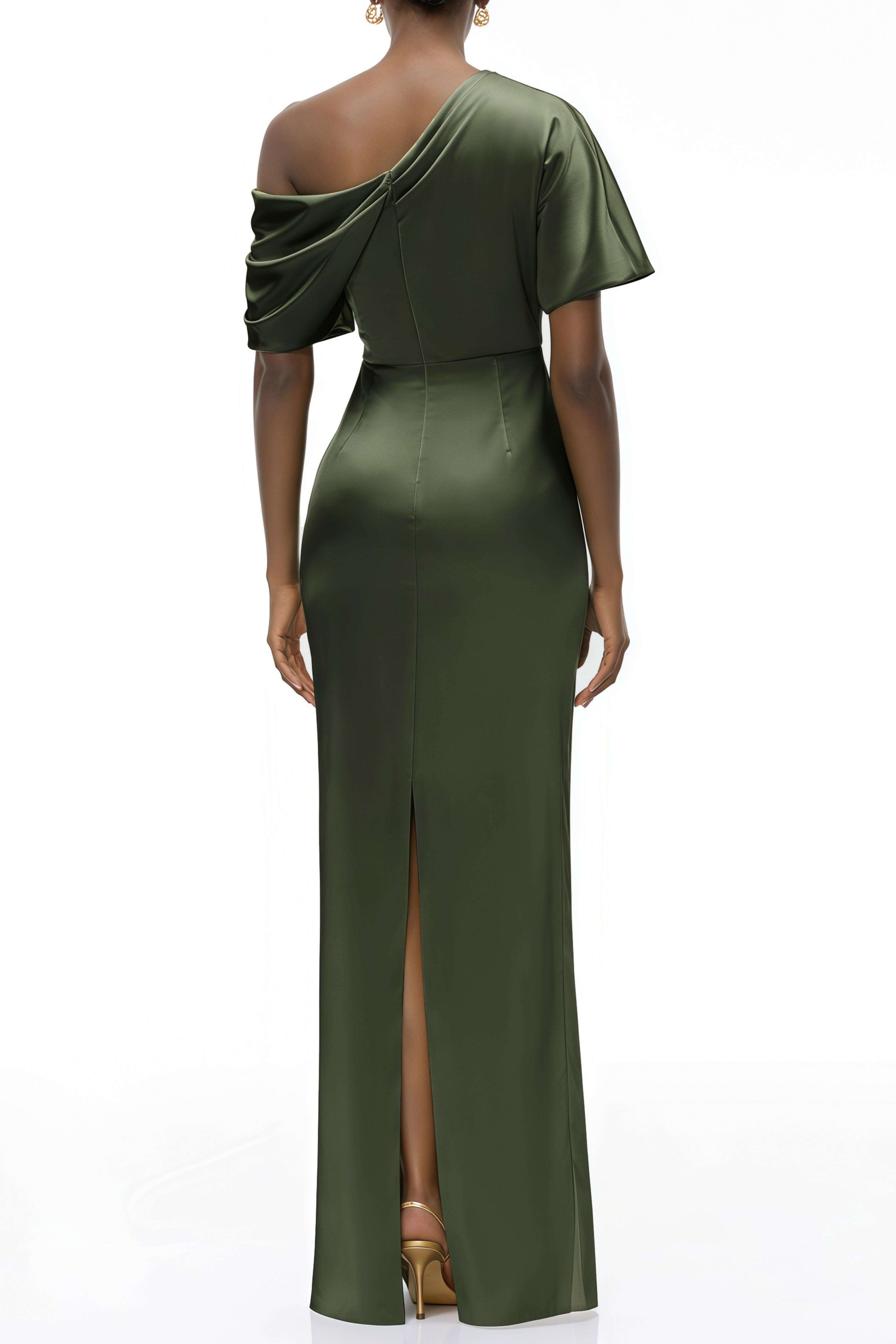 Robe longue en satin à fronces et à une seule bretelle