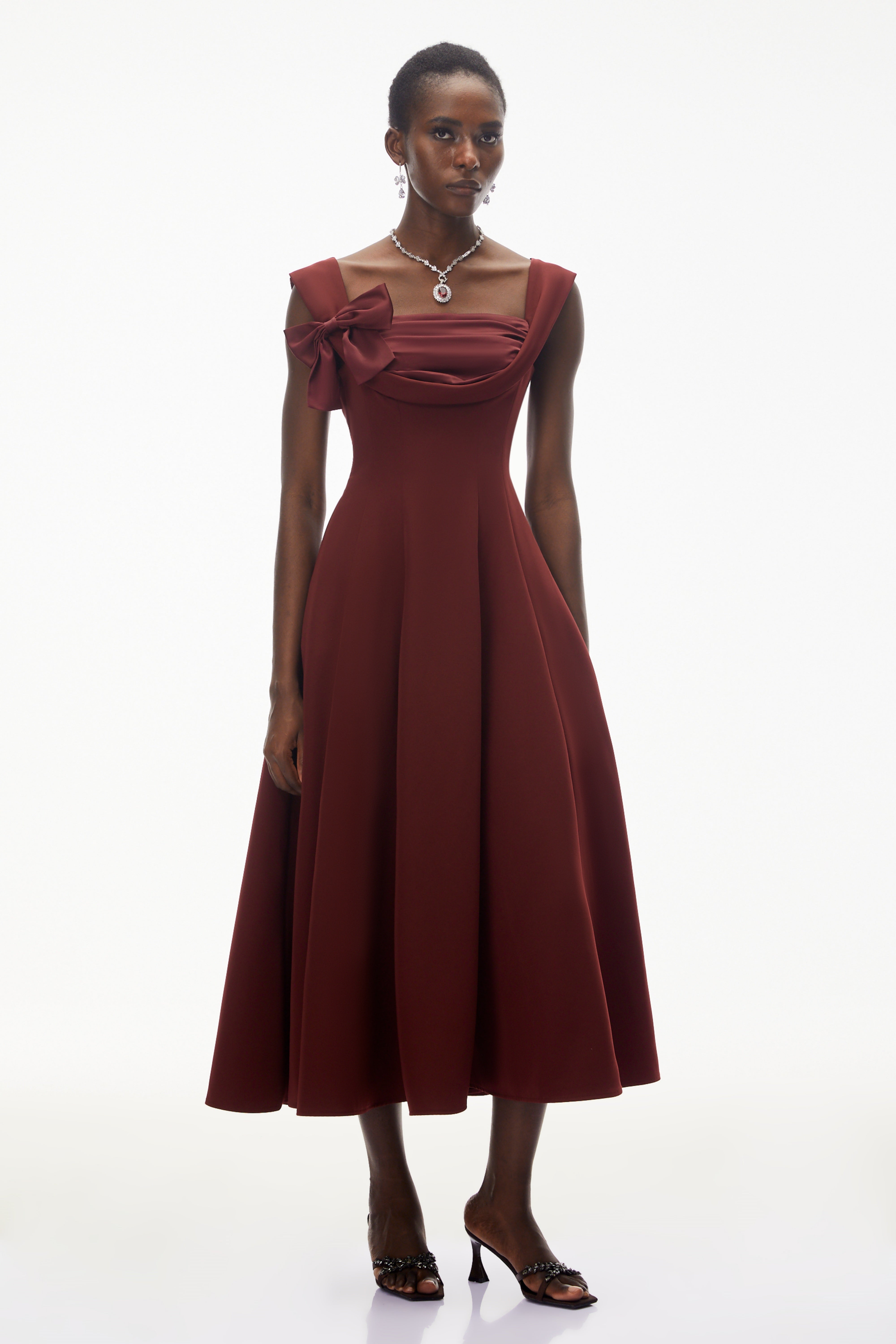 Roshanak Burgundy Ruched Midi Dress with Bow