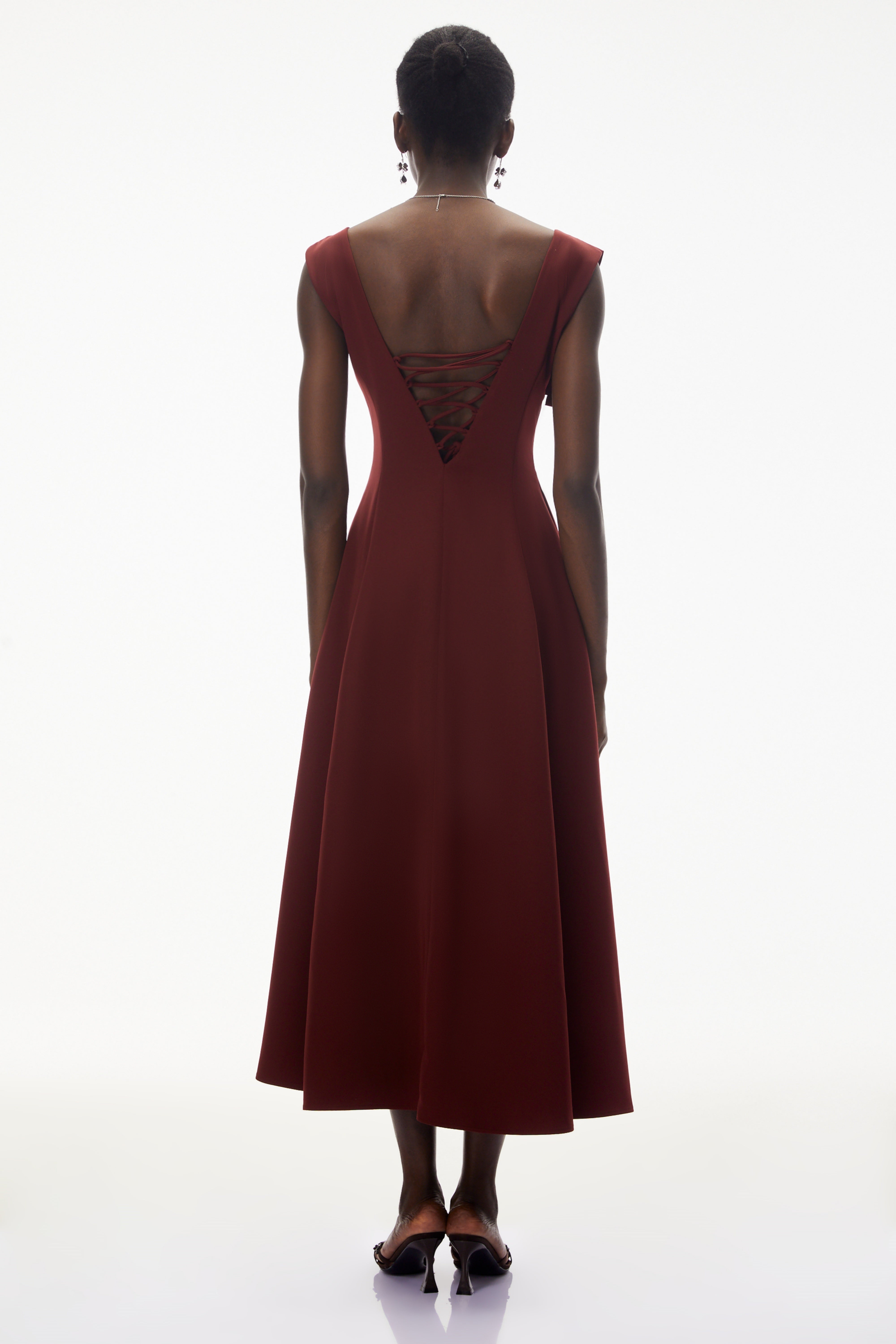 Roshanak Burgundy Ruched Midi Dress with Bow