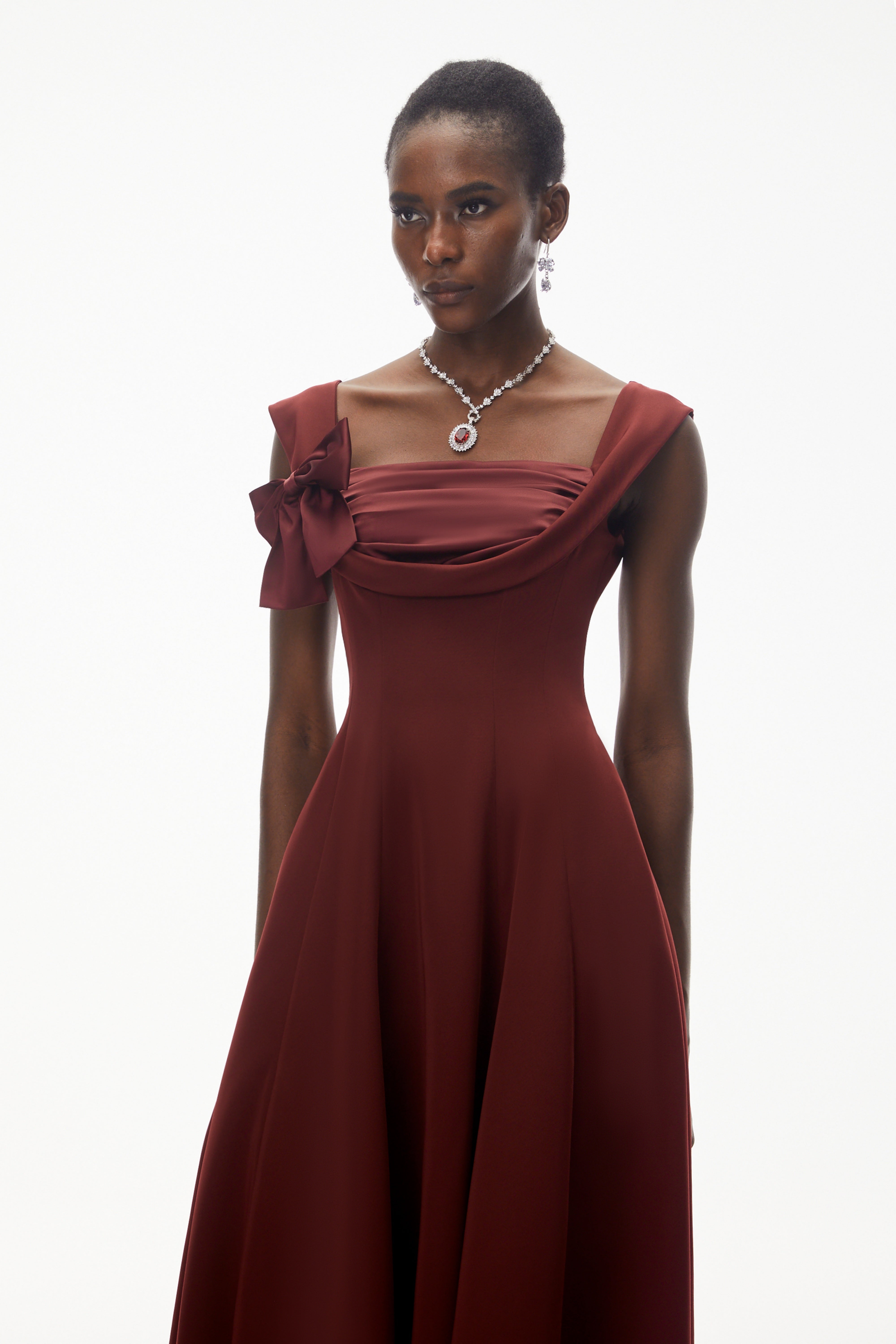 Roshanak Burgundy Ruched Midi Dress with Bow