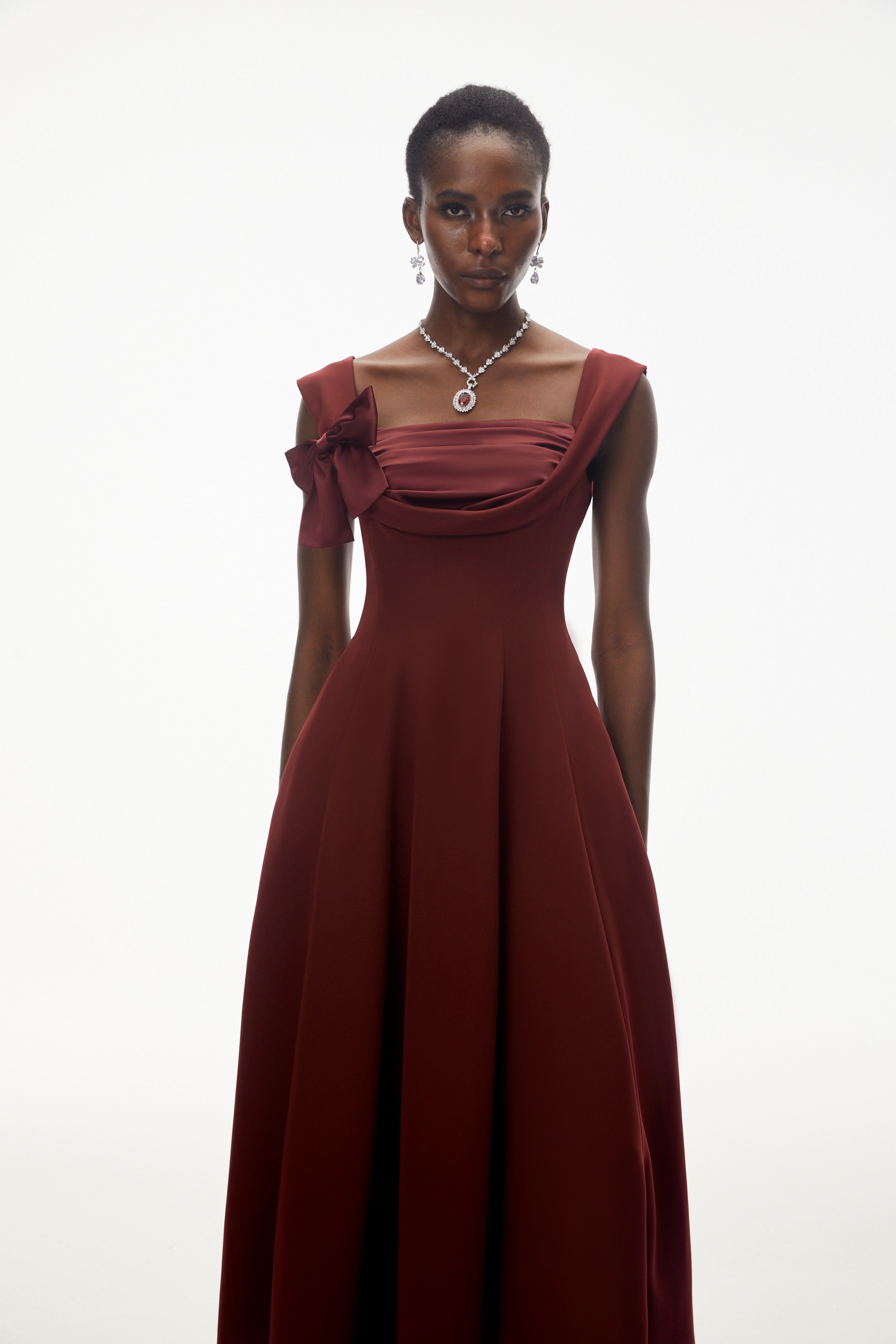 Roshanak Burgundy Ruched Midi Dress with Bow