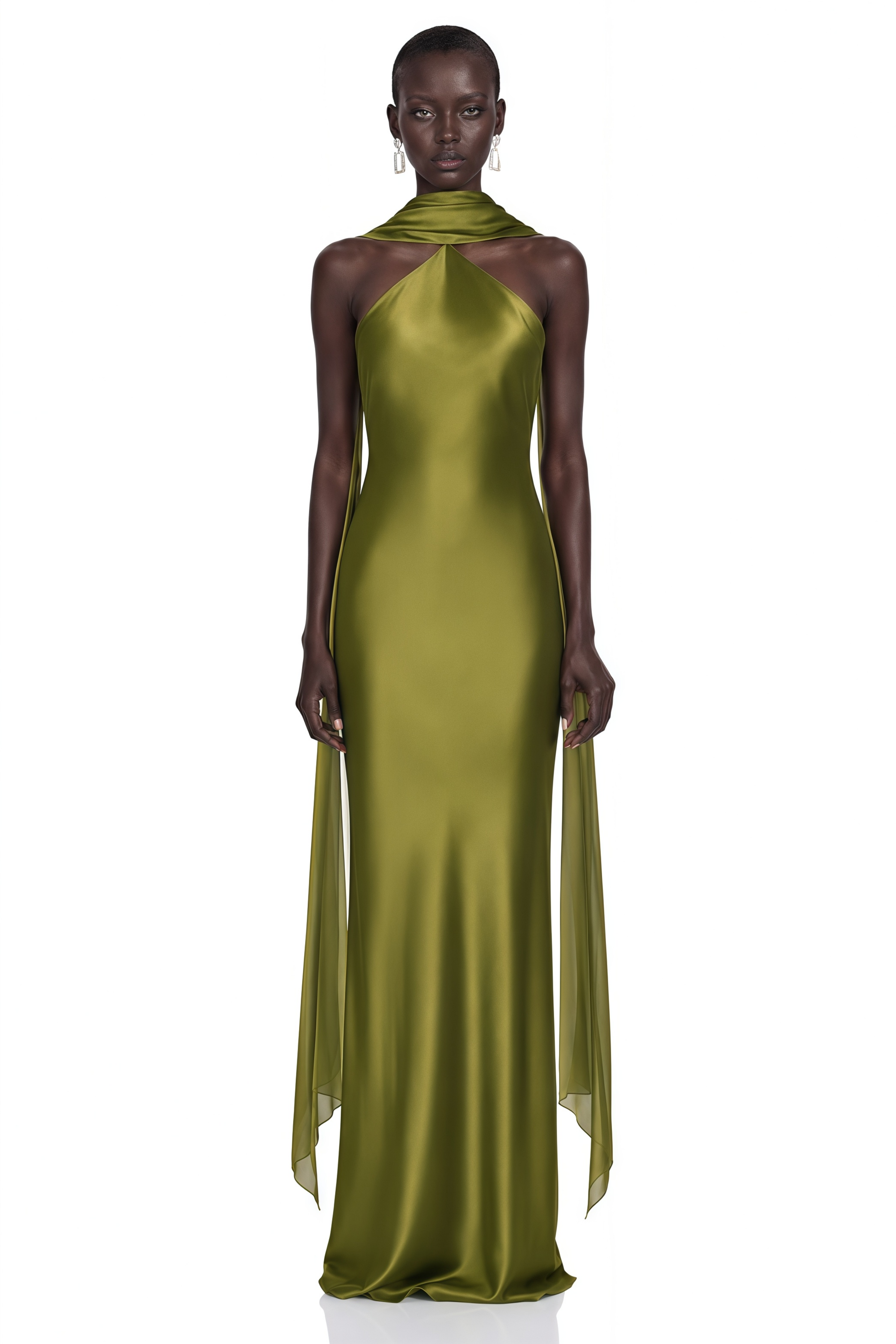 Rowena Olive Green Halterneck Maxi Dress With Scarf