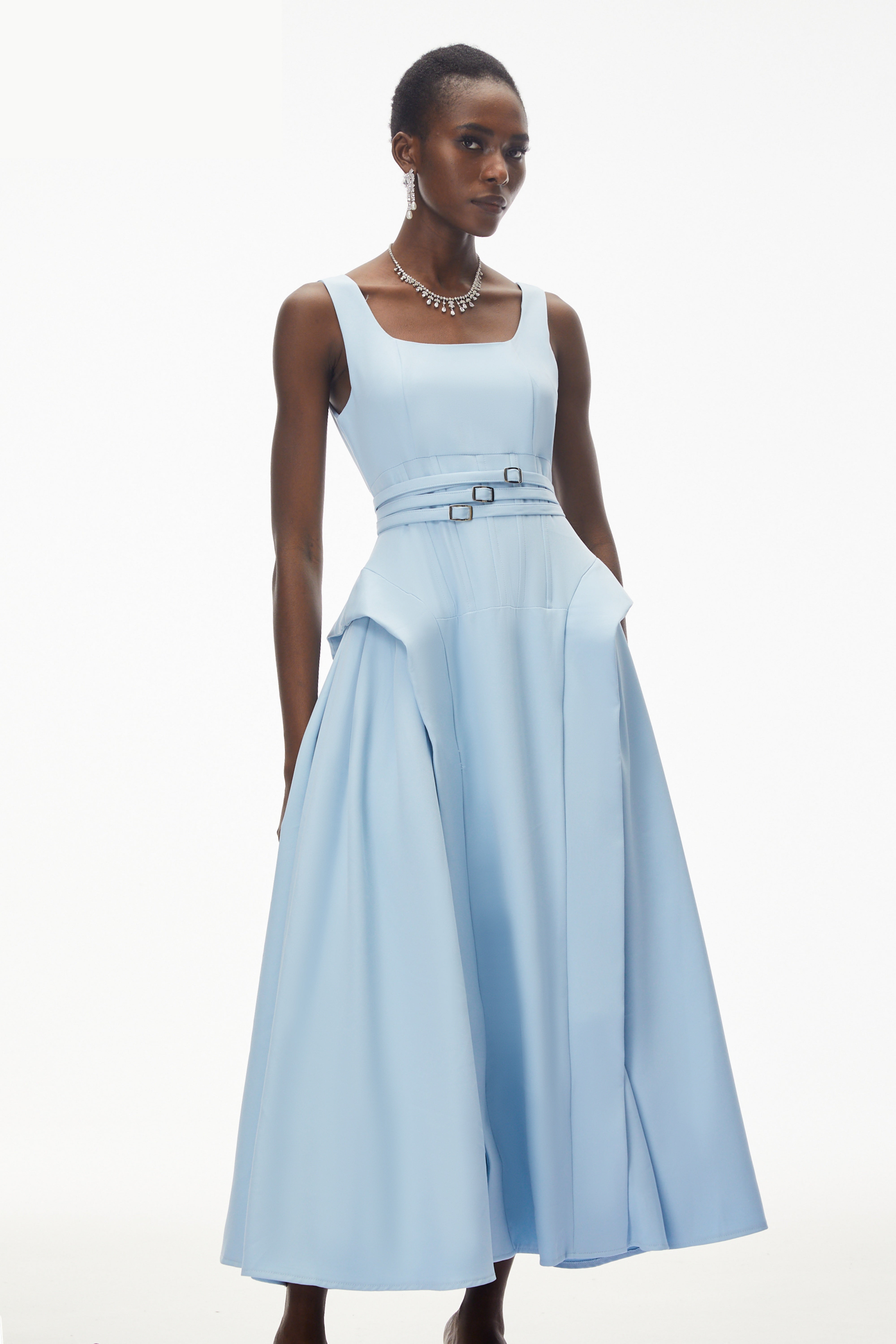 Robe longue à volants et fronces Ruby Sky Blue