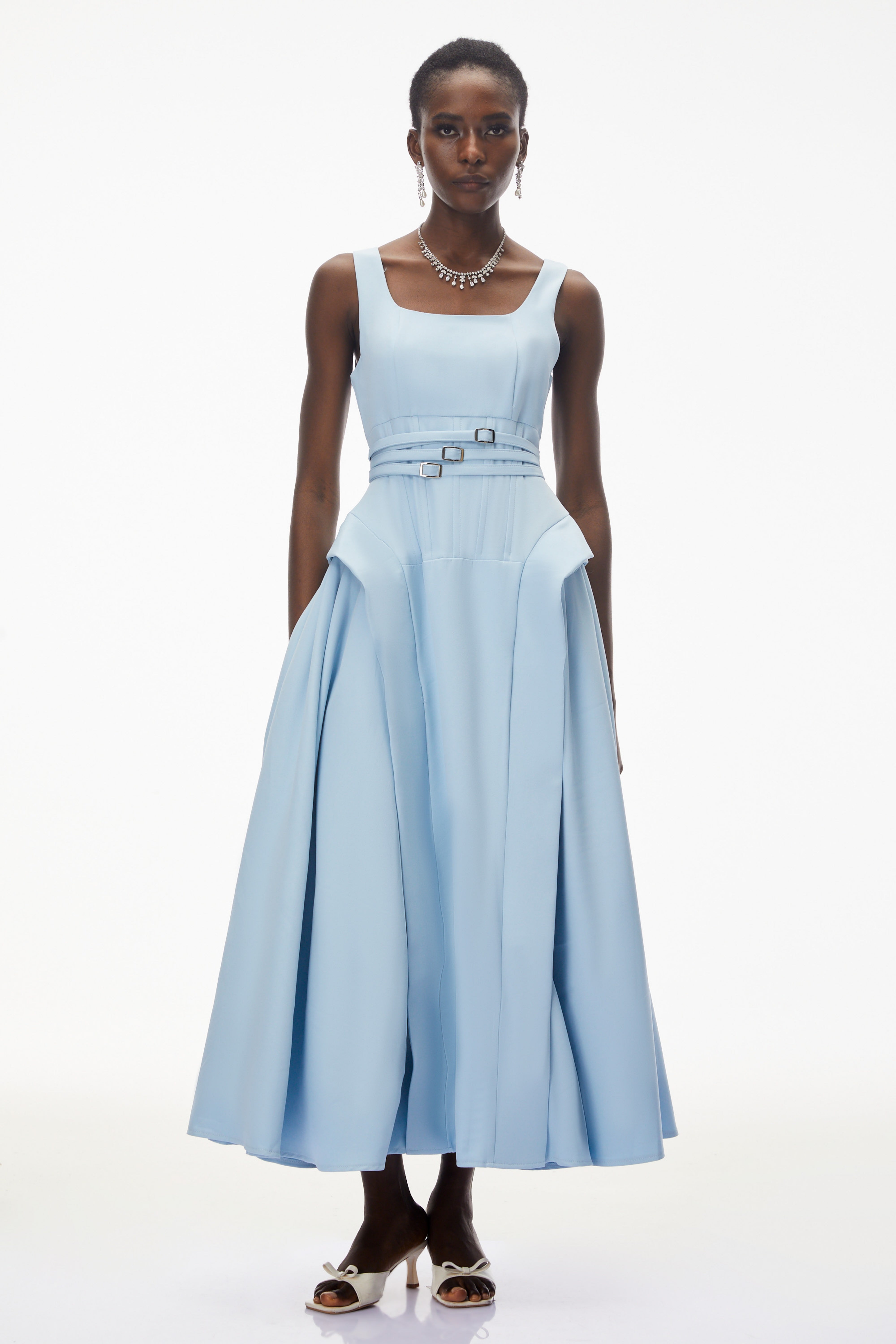 Robe longue à volants et fronces Ruby Sky Blue