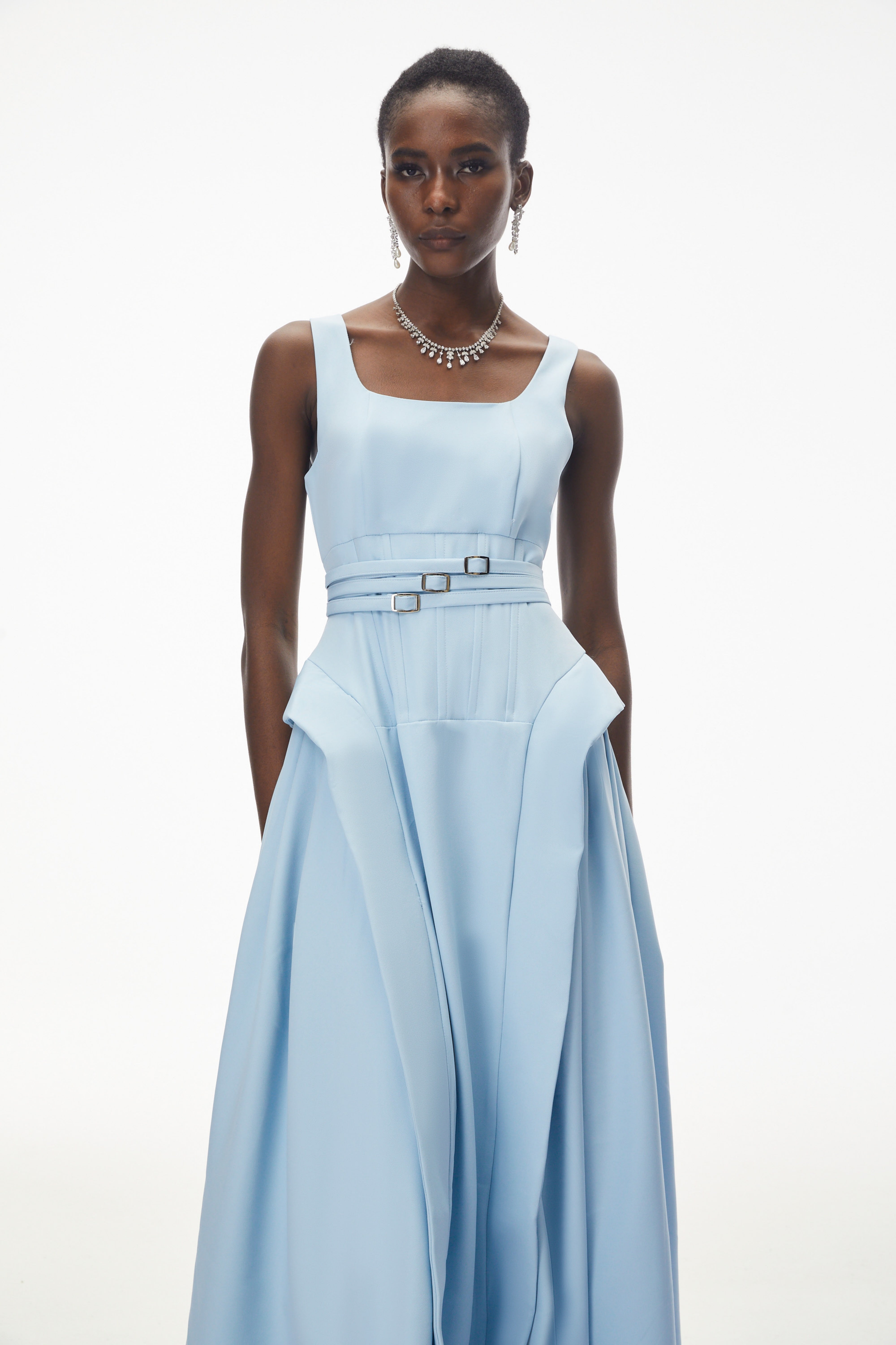 Robe longue à volants et fronces Ruby Sky Blue