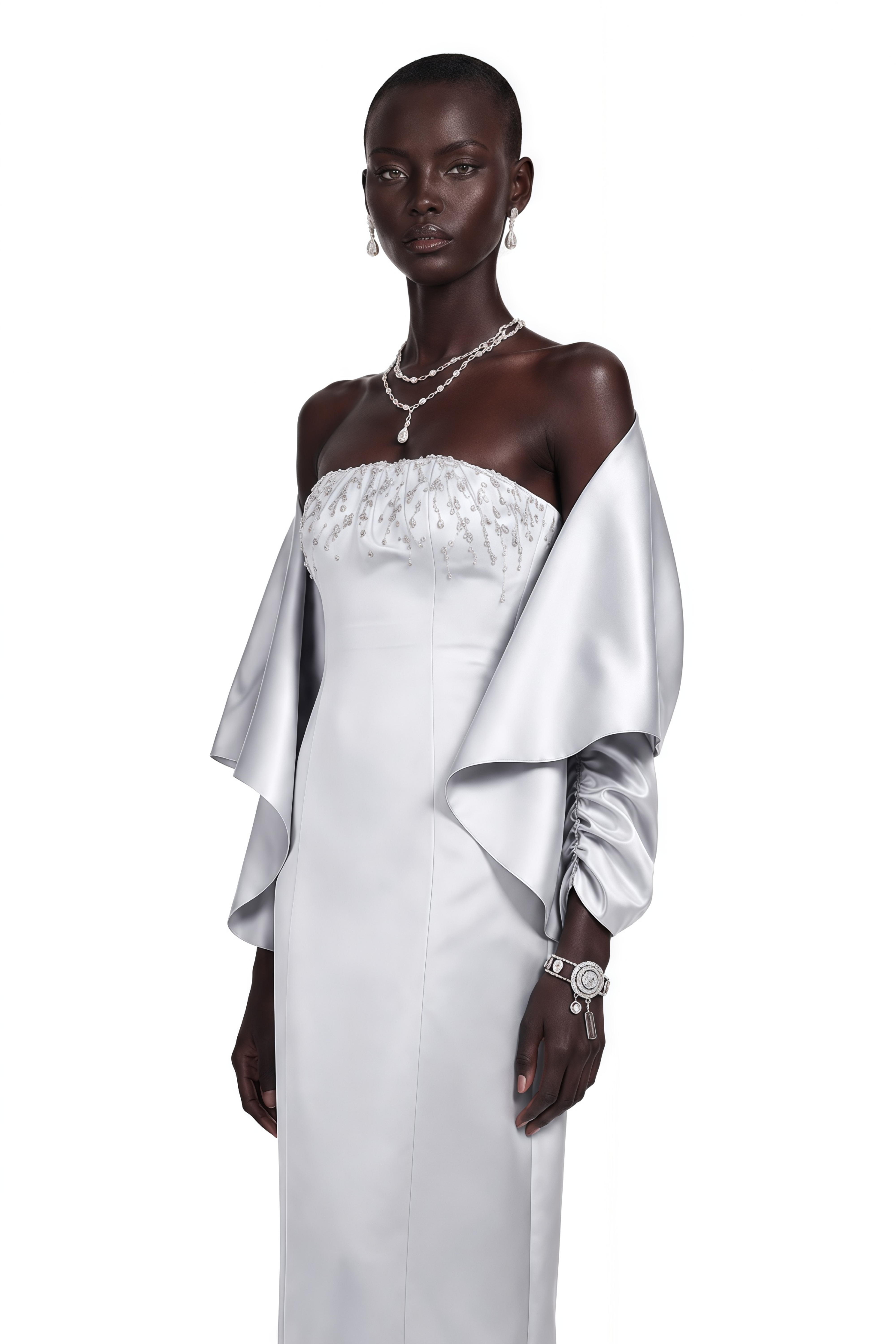 Runa Silver Cape Sleeve Rhinestone Maxi Dress & Jacket Set
