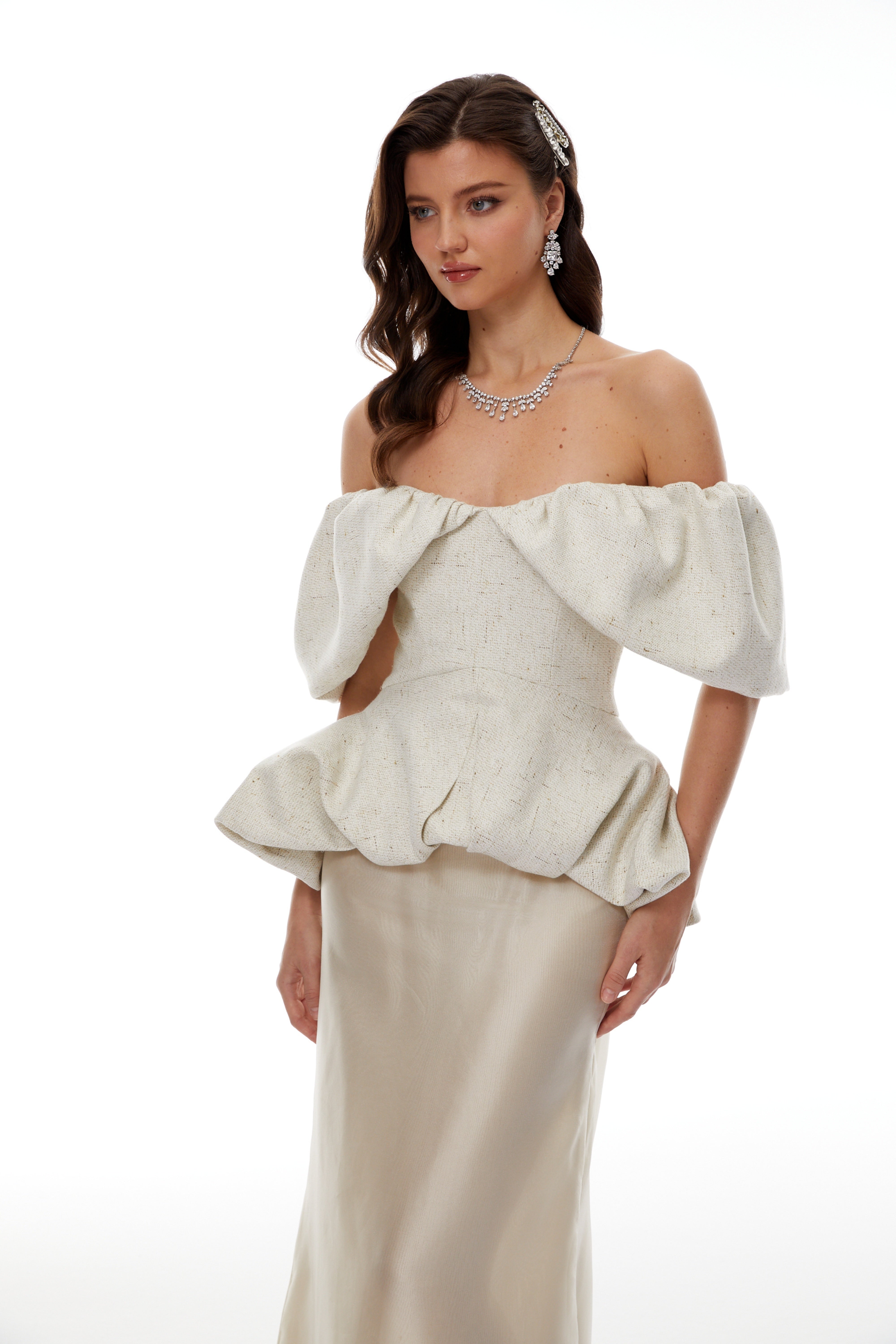 Sabine White Bubble Ruched Top & Skirt Co-ord Set