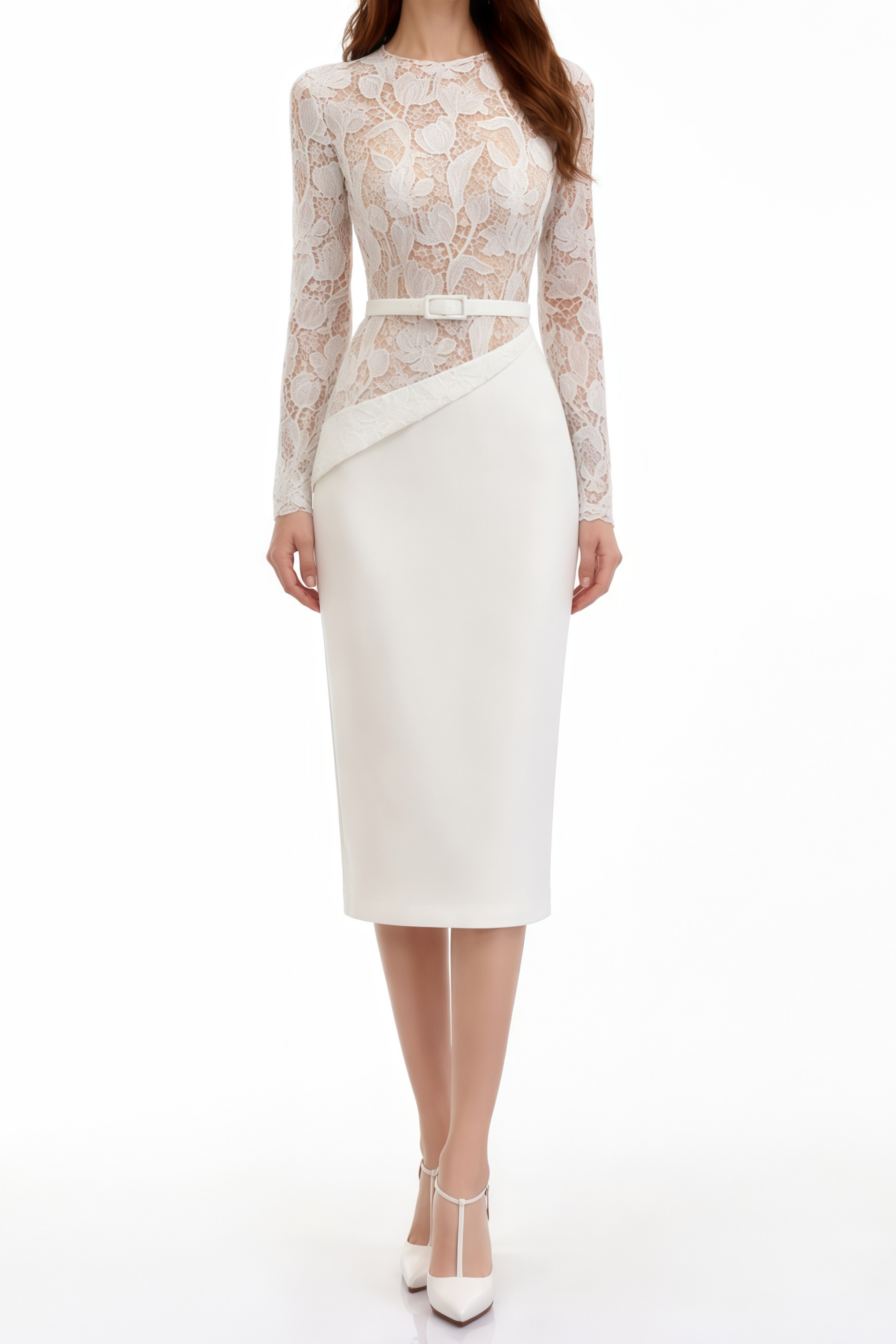 Midi-Kleid mit weißen Spitzen-Einsätzen von Sabine