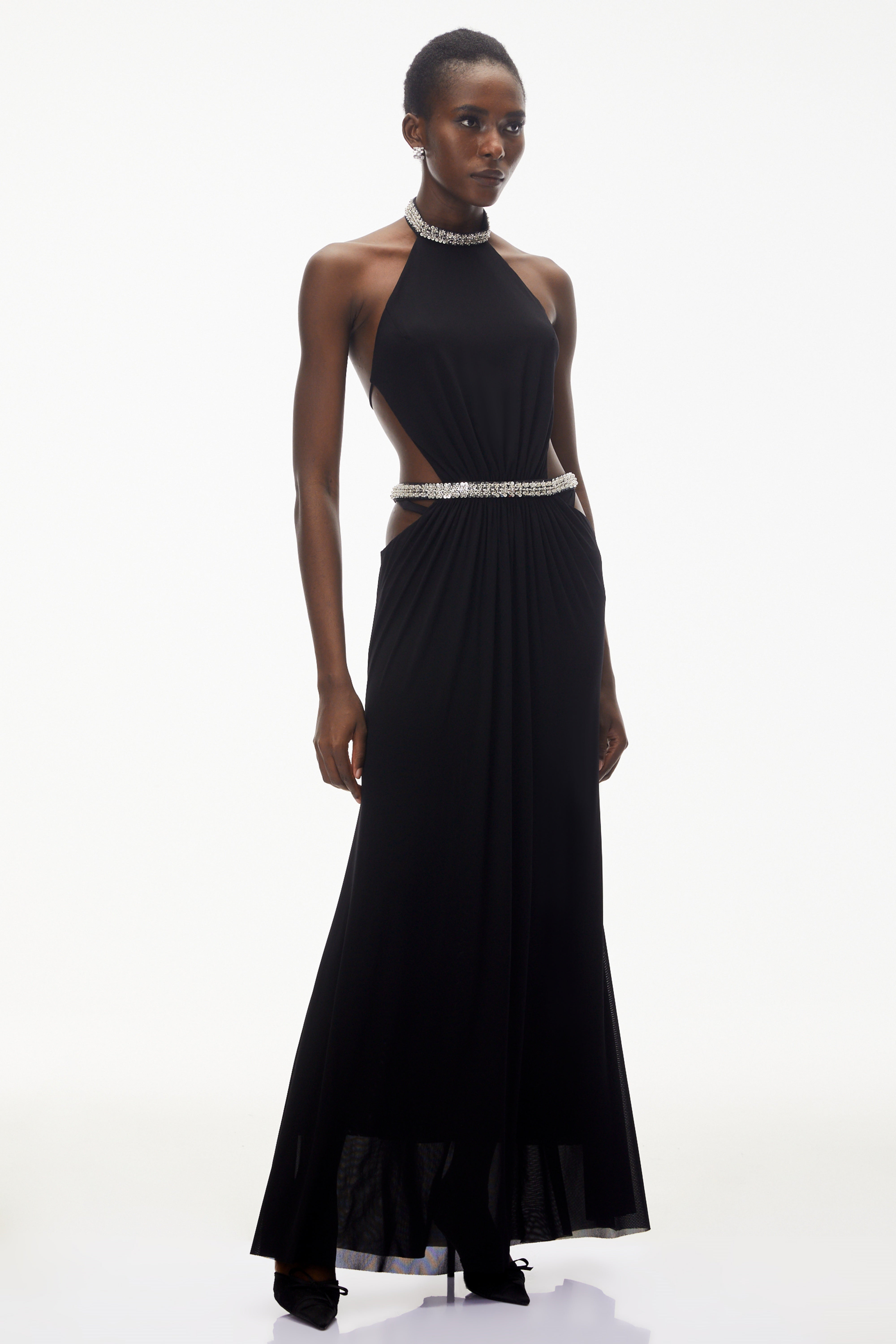 Sabra – Schwarzes Maxikleid mit offenem Rücken und Strasssteinen