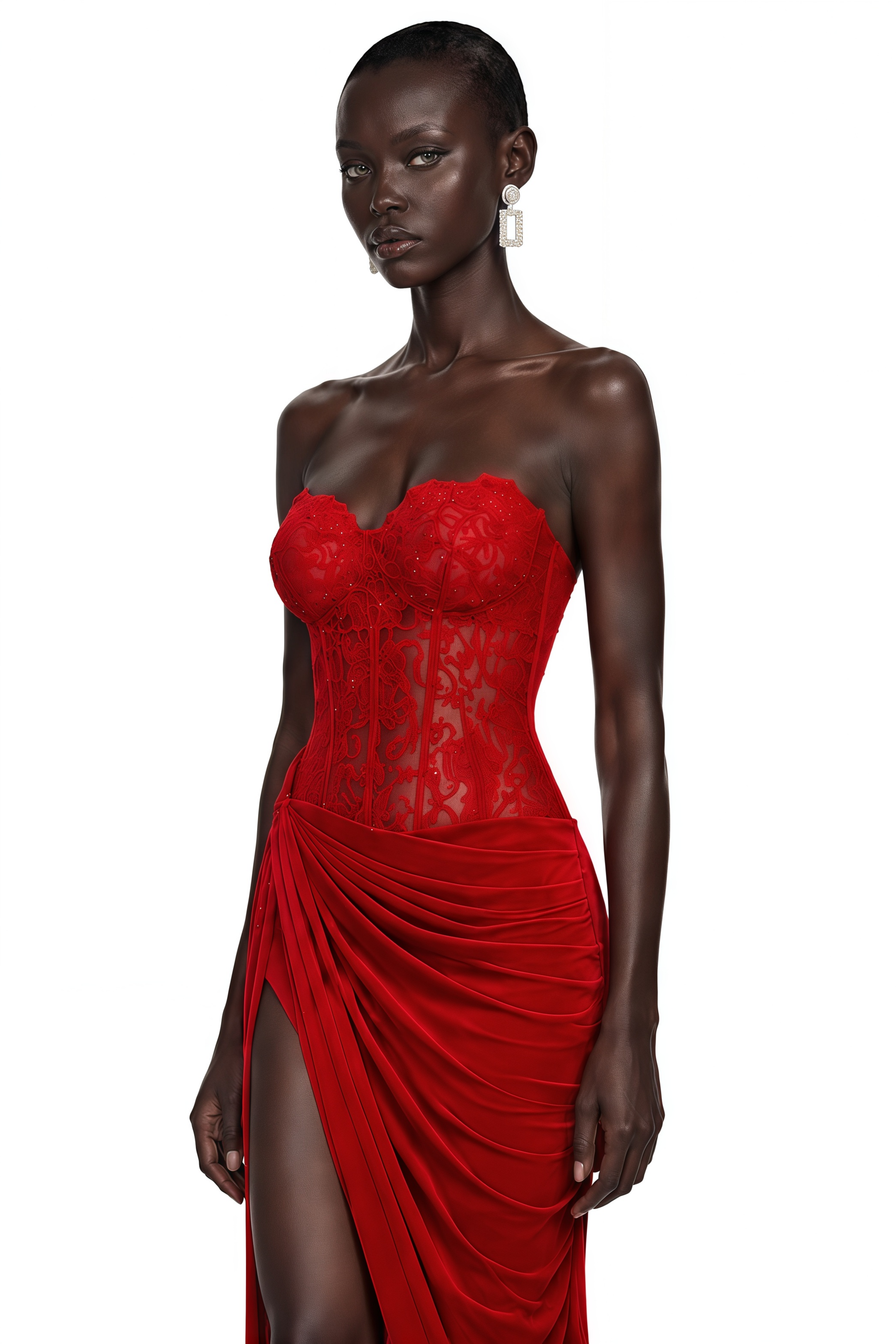 Sabrina Red Off Shoulder Ruched Maxi Dress with Lace Panels