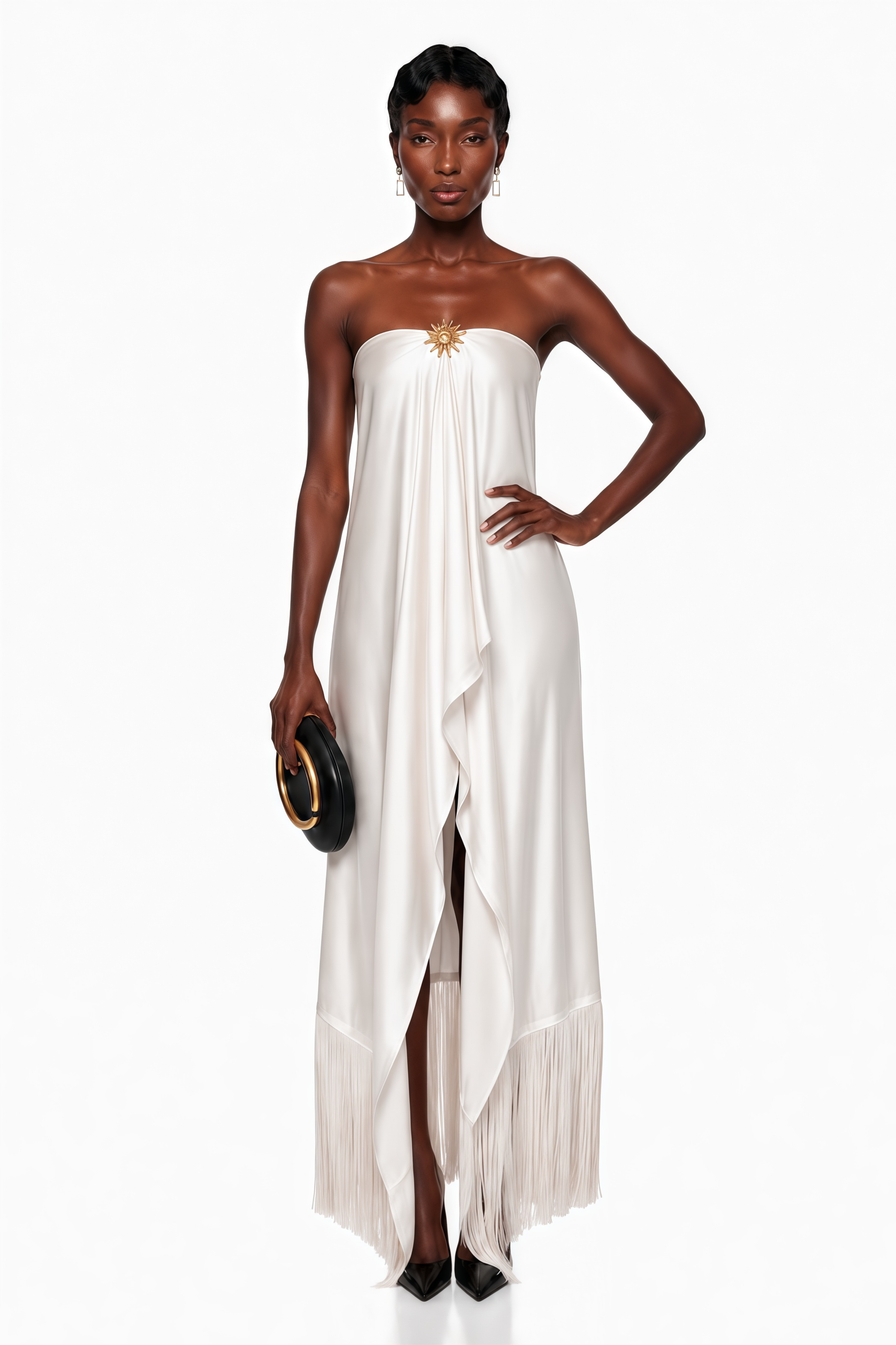 Saffron White Asymmetrical Tassel Maxi Dress