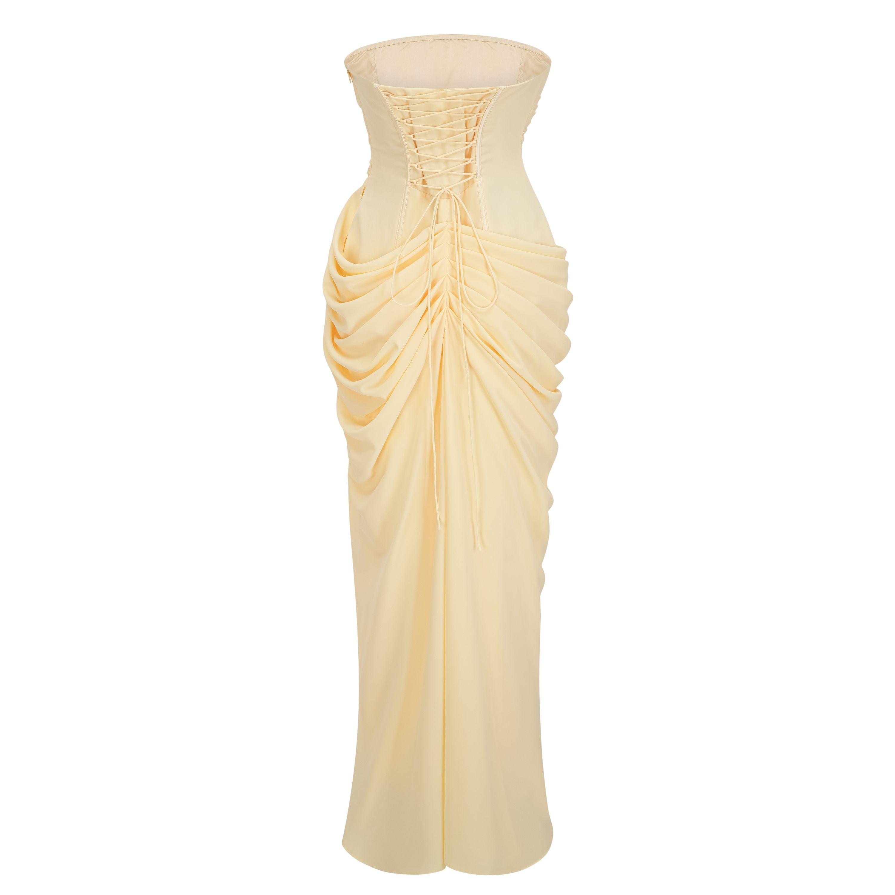 Safiya Yellow Ruched Maxi Dress with Cross Front