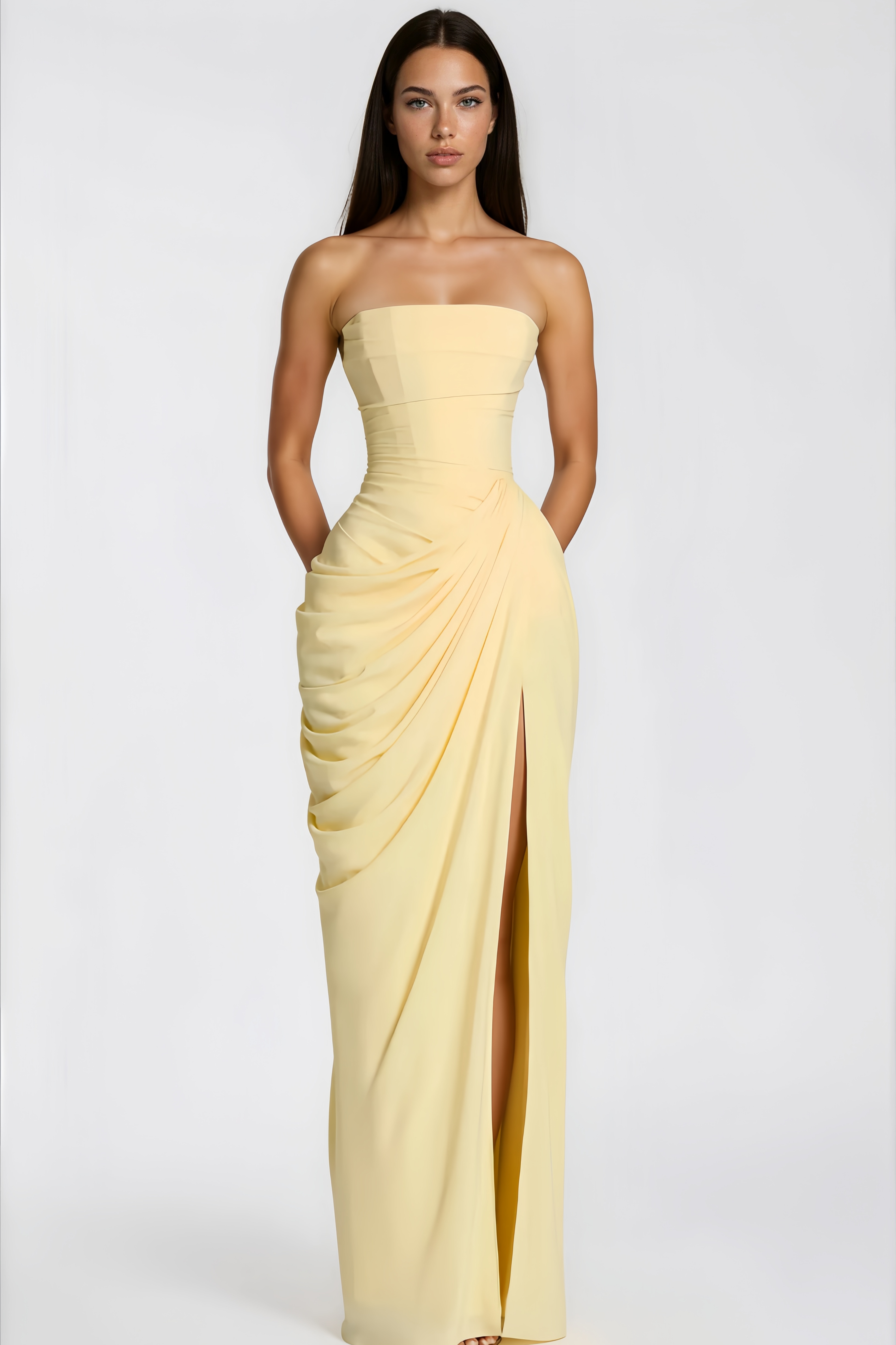 Safiya Yellow Ruched Maxi Dress with Cross Front