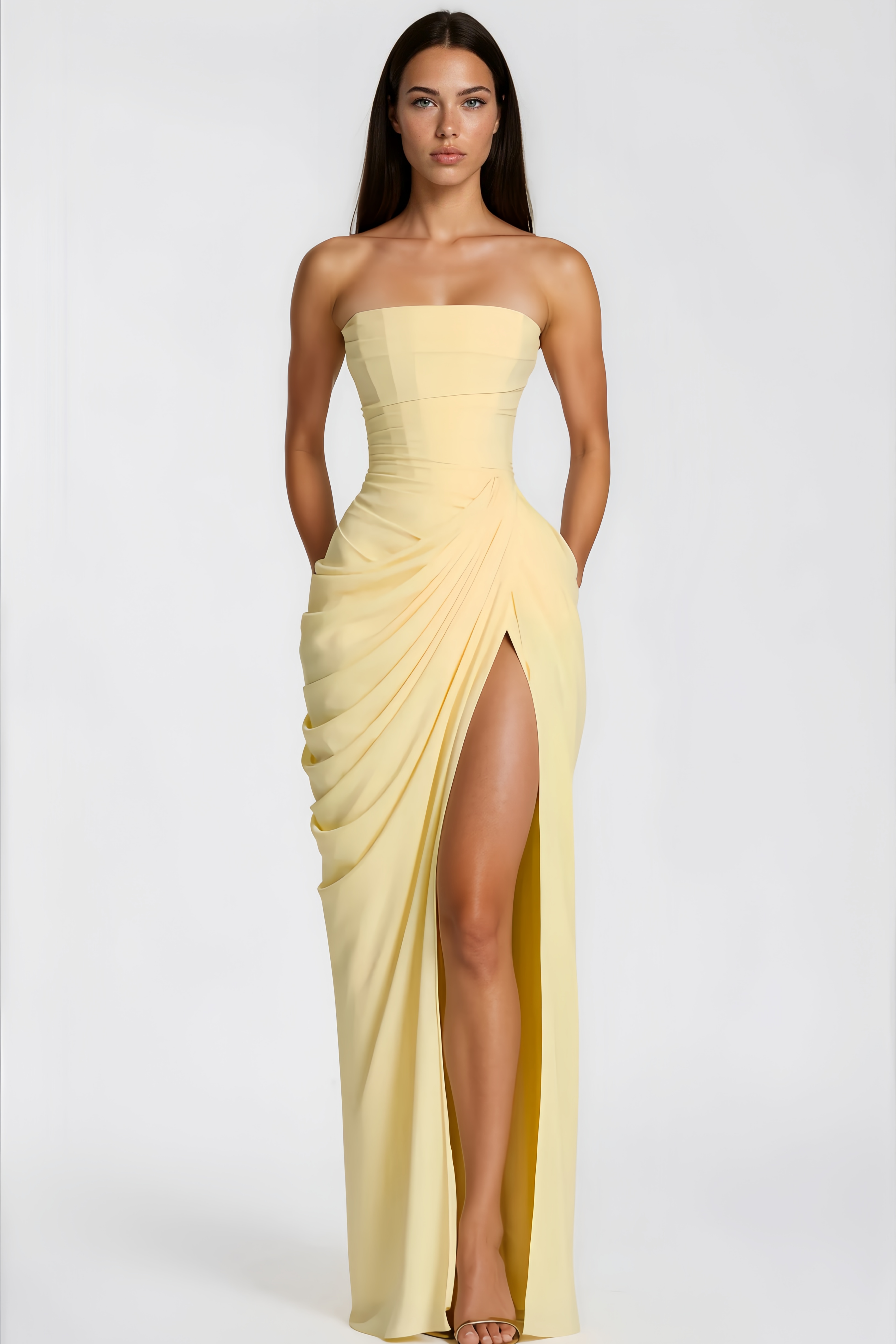 Safiya Yellow Ruched Maxi Dress with Cross Front