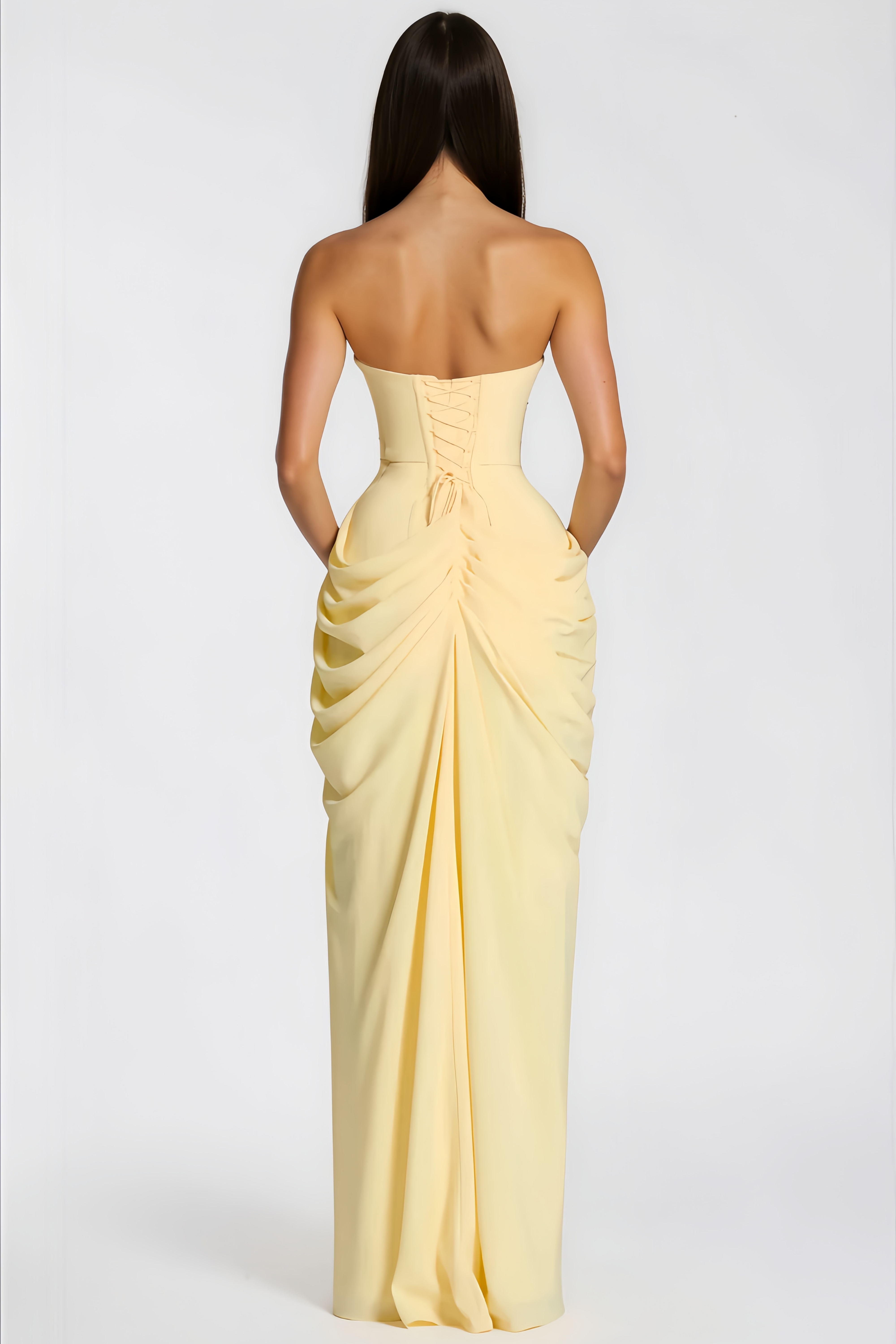 Safiya Yellow Ruched Maxi Dress with Cross Front