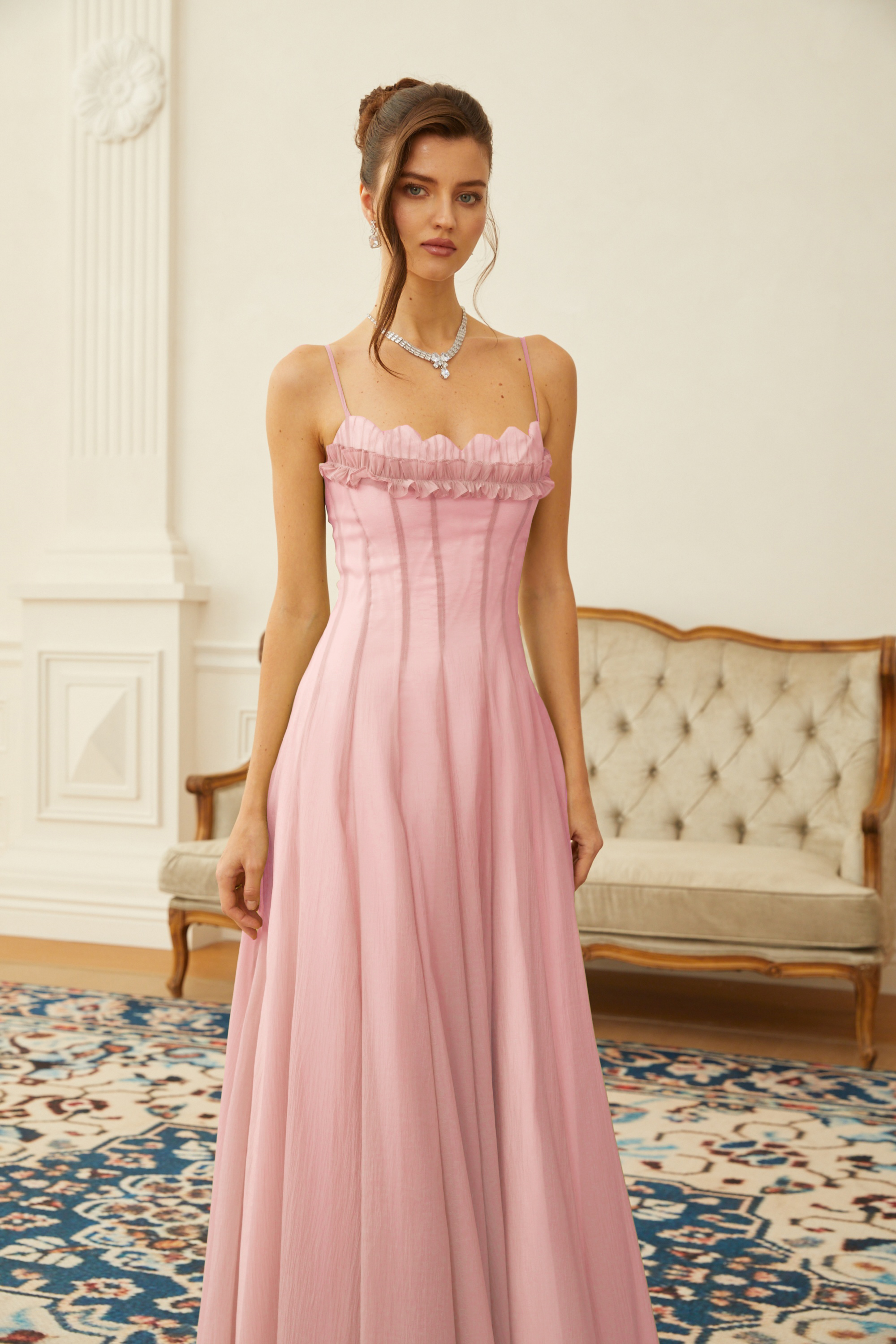 Sakura Ruffled Shirred Tulle Maxi Dress