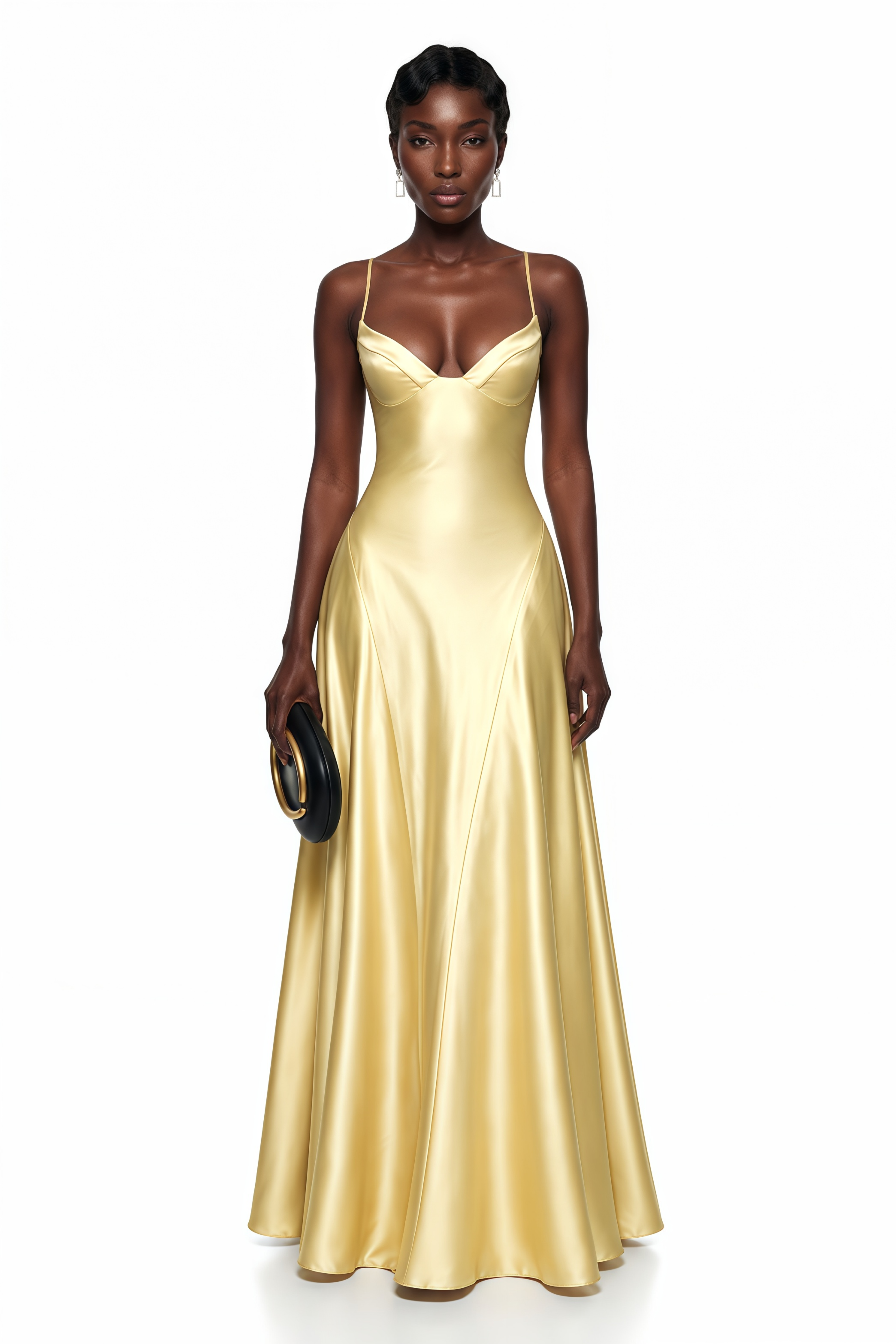 Salomé Yellow V-Neck Flared Satin Maxi Dress
