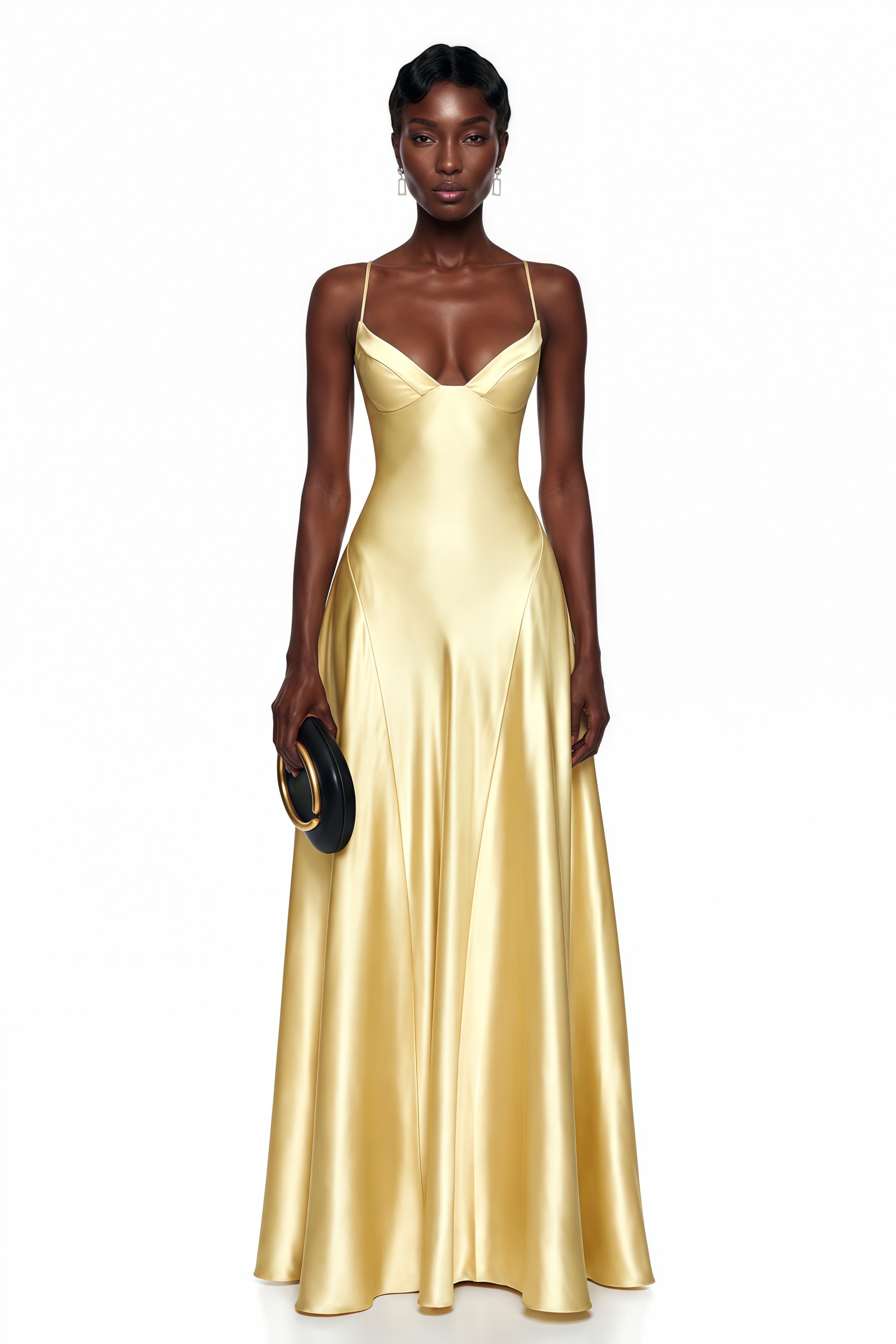 Salomé Yellow V-Neck Flared Satin Maxi Dress