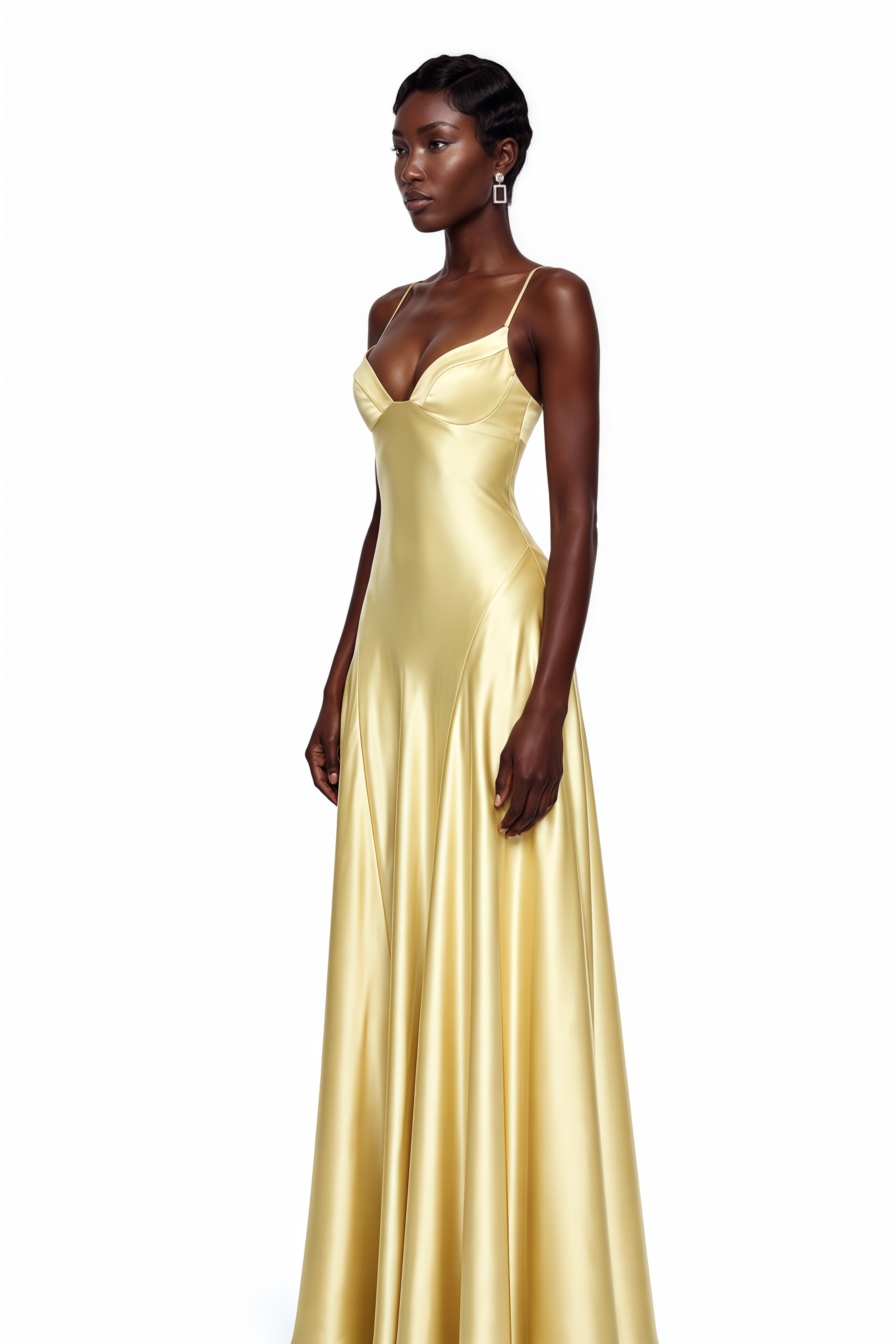Salomé Yellow V-Neck Flared Satin Maxi Dress